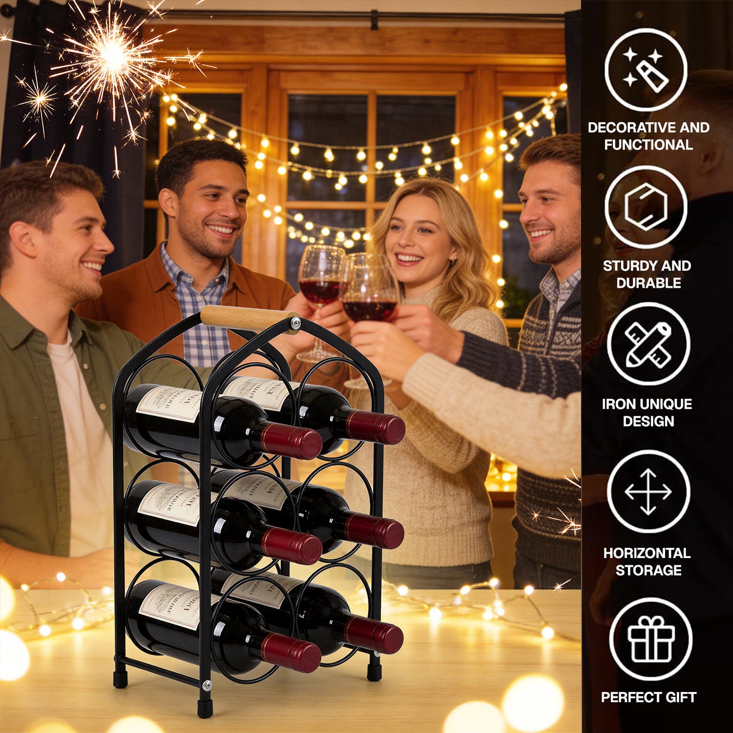 Behome Countertop Wine Rack, 6 Bottles Tabletop Metal Arched Wine Bottle Holder, Wood Handle, for Home Decor, Bar, Wine Cellar, Cabinet, Pantry, etc