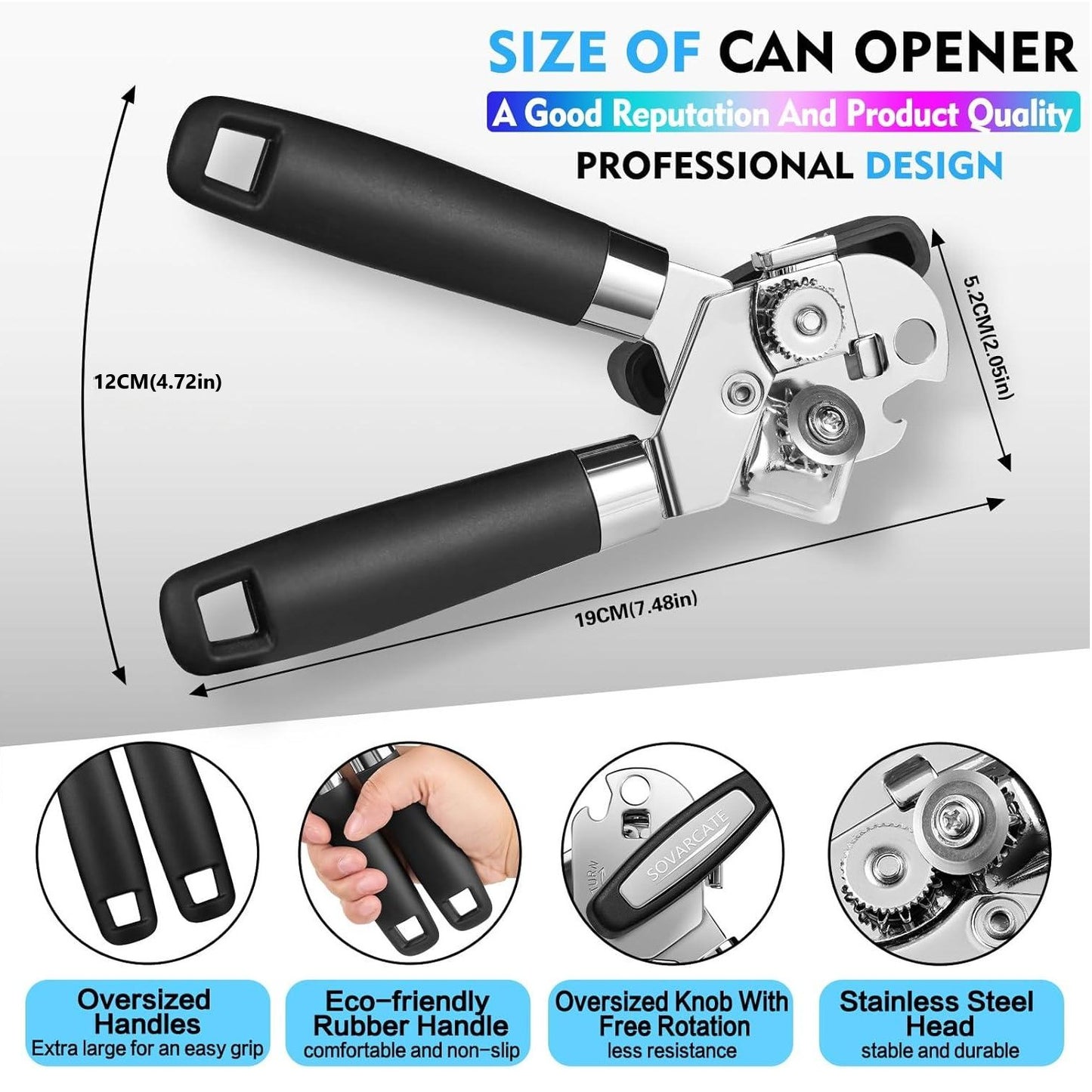 Behome Can Opener with Bottle Opener, Heavy Duty Manual Can Opener with With Turn Knob & Soft Handle, for Kitchen Seniors Friendly, Black