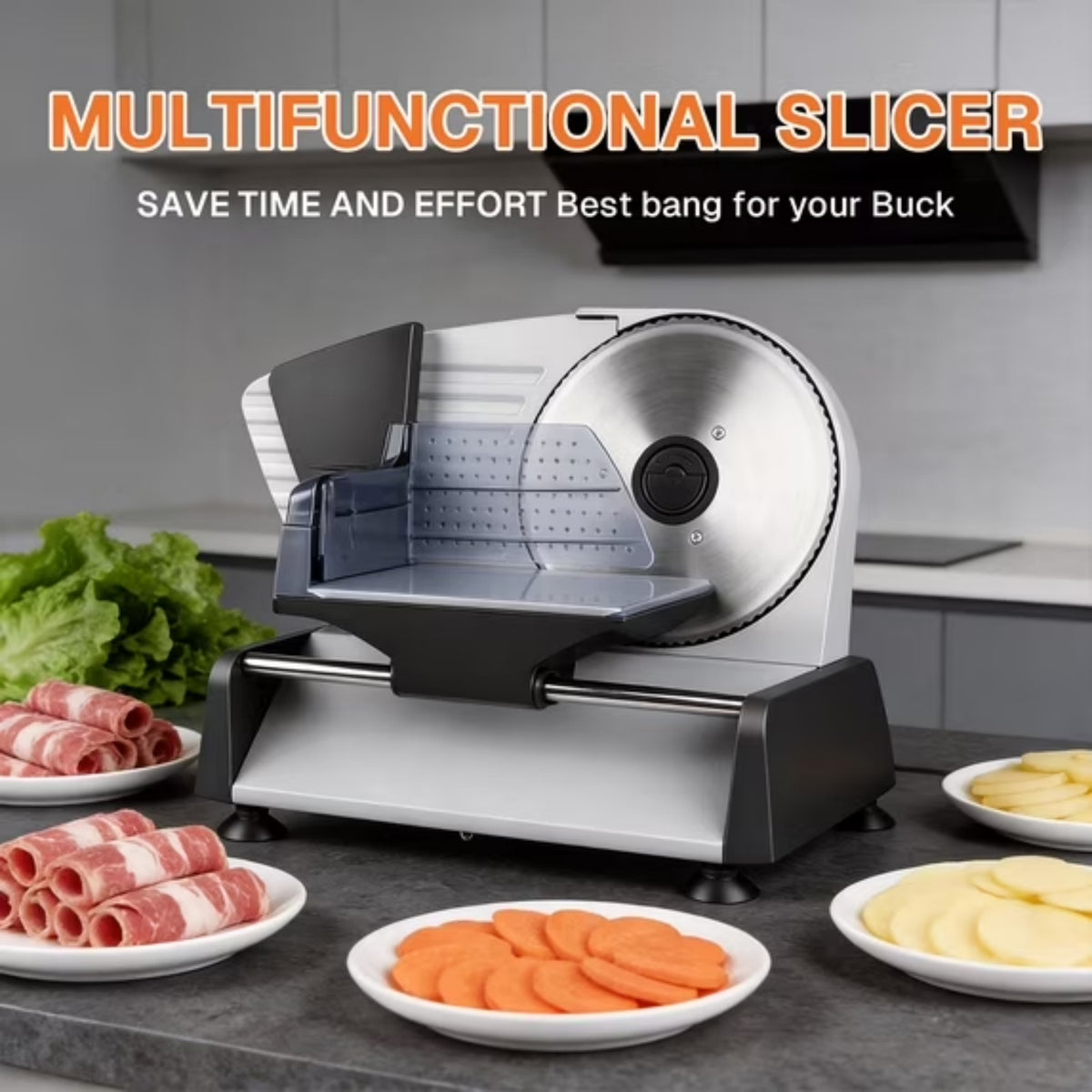 Behome Meat Slicer 200W Electric Automatic Meat, Deli Food Slicer ,Adjustable Thickness for Home Use,Removable 7.5 IN Stainless Steel Blade & Food Pusher,Cuts Meat, Bread and Cheese