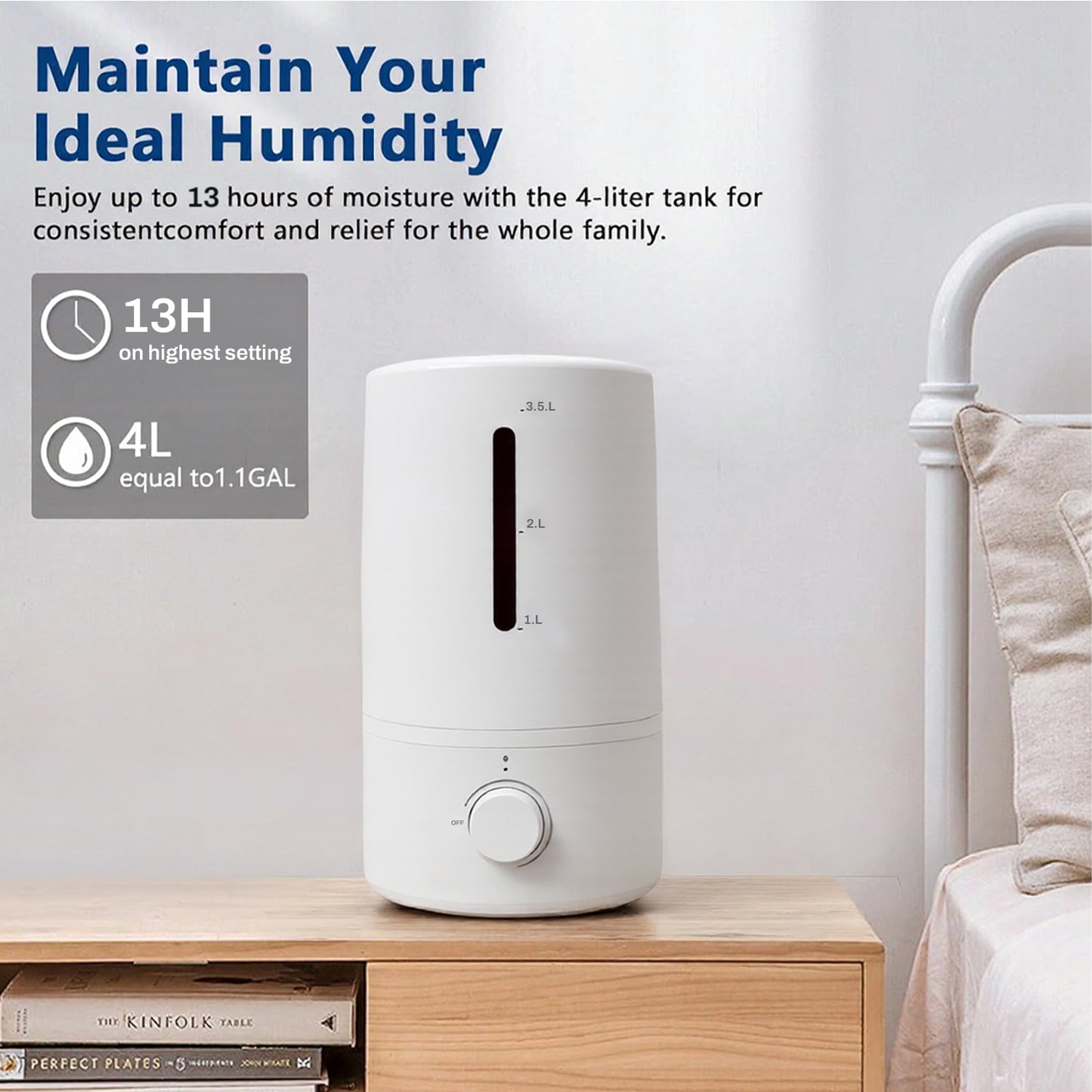 BN-LINK Humidifiers for Bedroom, 4L Water Tank and Stepless Adjustment, Quiet Cool Mist with 360°Nozzle, for Home, Plants, Indoor