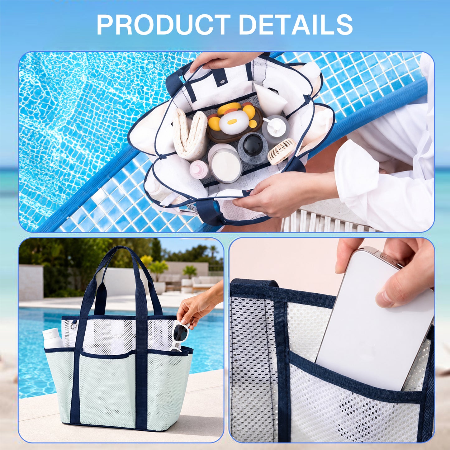 BN-LINK Beach Bag,Breathable Mesh Beach Tote Bag, Foldable Large Swim Pool Bag with 8 Pockets for Swimming,Travel, Vacation Essentials,Green