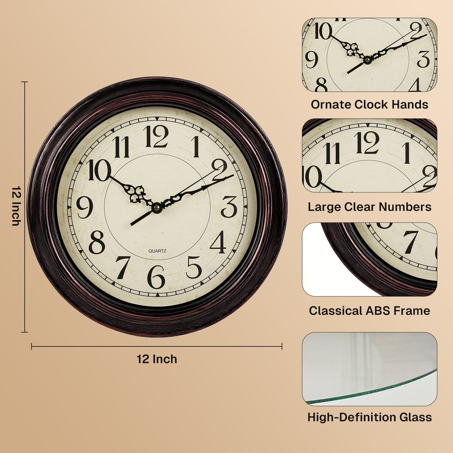 Behome 12 Inch Wall Clock, Silent Non Ticking Classic Battery Operated Clocks, Large Decorative Retro Clock for Living Room, Kitchen, Bedroom, Battery Not Included