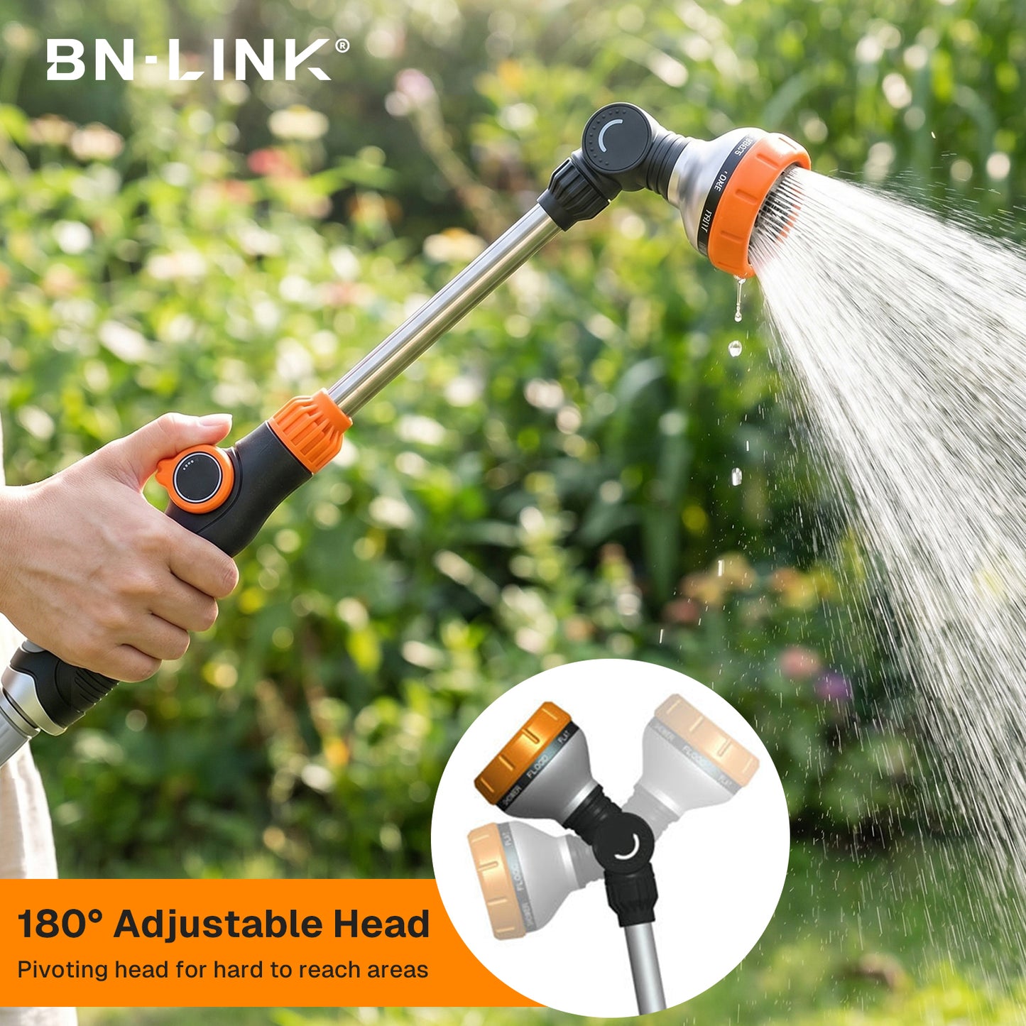 BN-LINK Watering Wand,8 Spray Patterns, 180° Adjustable Rotating Head with Thumb Flow Control，Garden Watering Wand for Plants, Flowers, Hanging Baskets,Car Wash