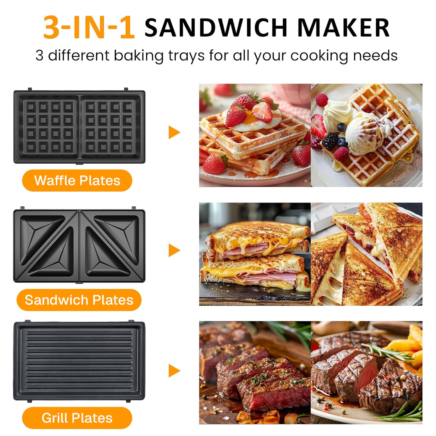 Behome 3 in 1 Waffle Maker with Nonstick Plates, Electric Sandwich Maker with Indicator Light, Sandwich Press Grill for Breakfast, Ham, Steaks, Black