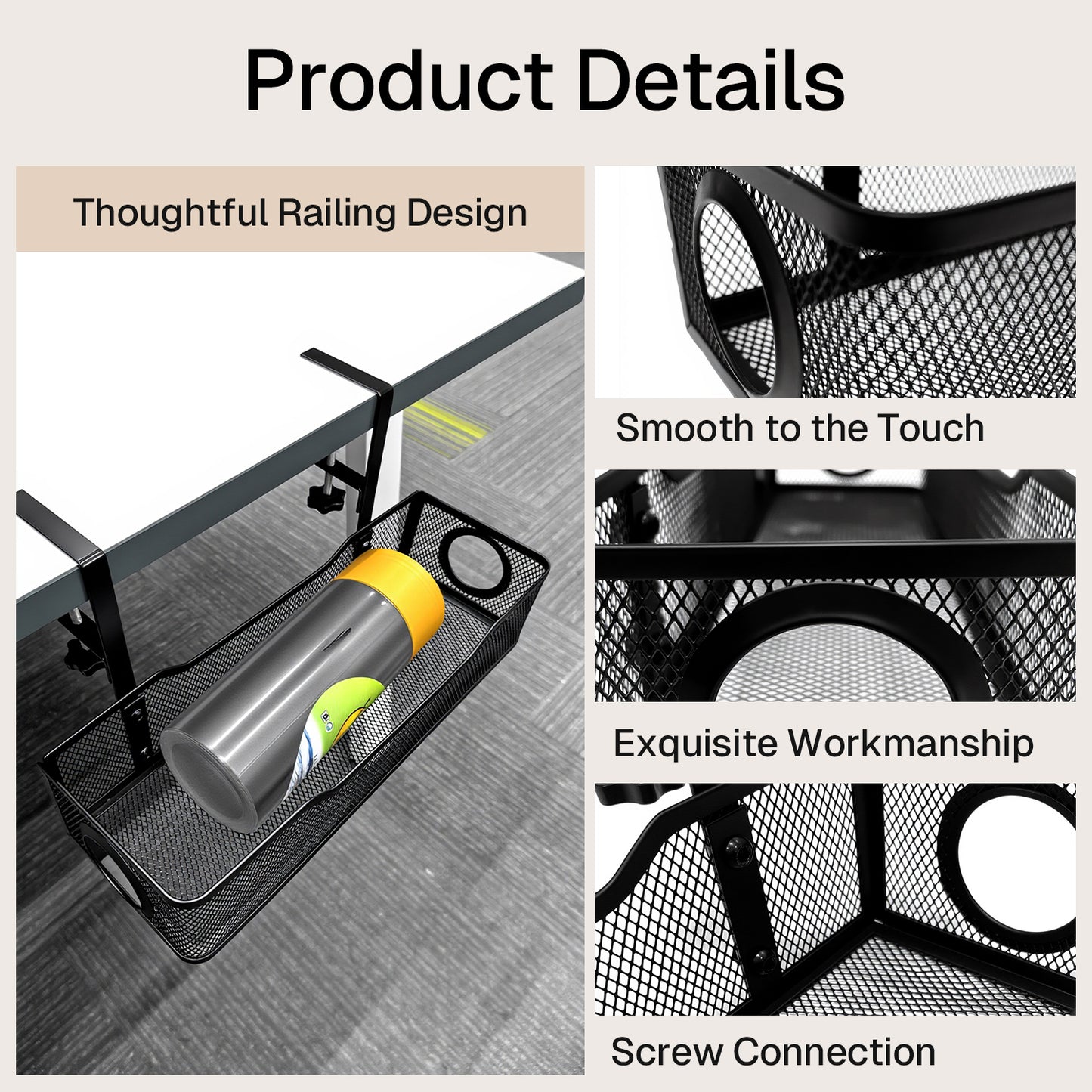 Behome Under Desk Cable Management, Metal Mesh Cord Organizer Under Desk with Clamp Mount, Metal Under Desk Tray with Wire and Cord Organizer, Black
