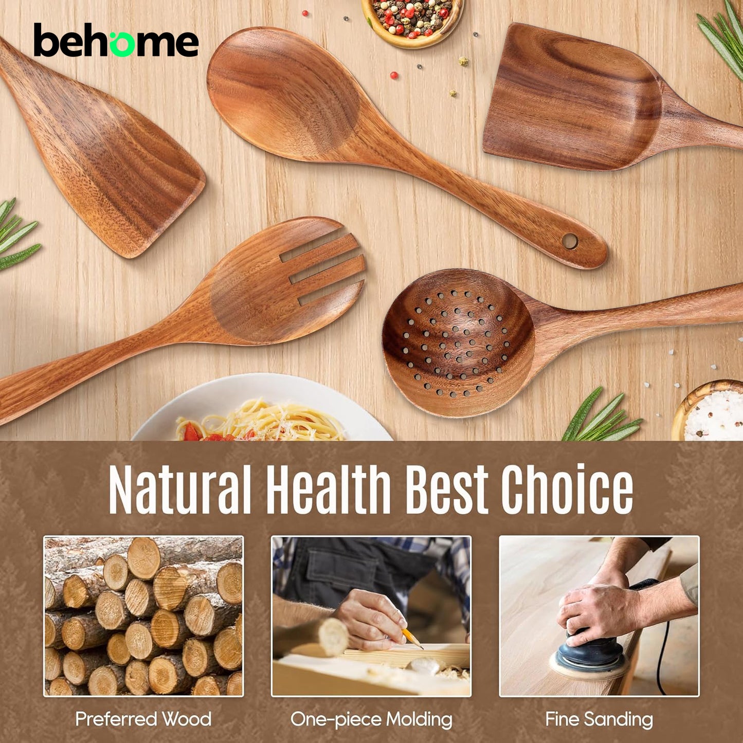 Behome 6pcs Wooden Kitchen Utensil Set, Non-Stick Cooking Utensils Set with Ergonomic Handles, Wooden Spoons for Cooking, Housewarming Gifts for Everyday Use