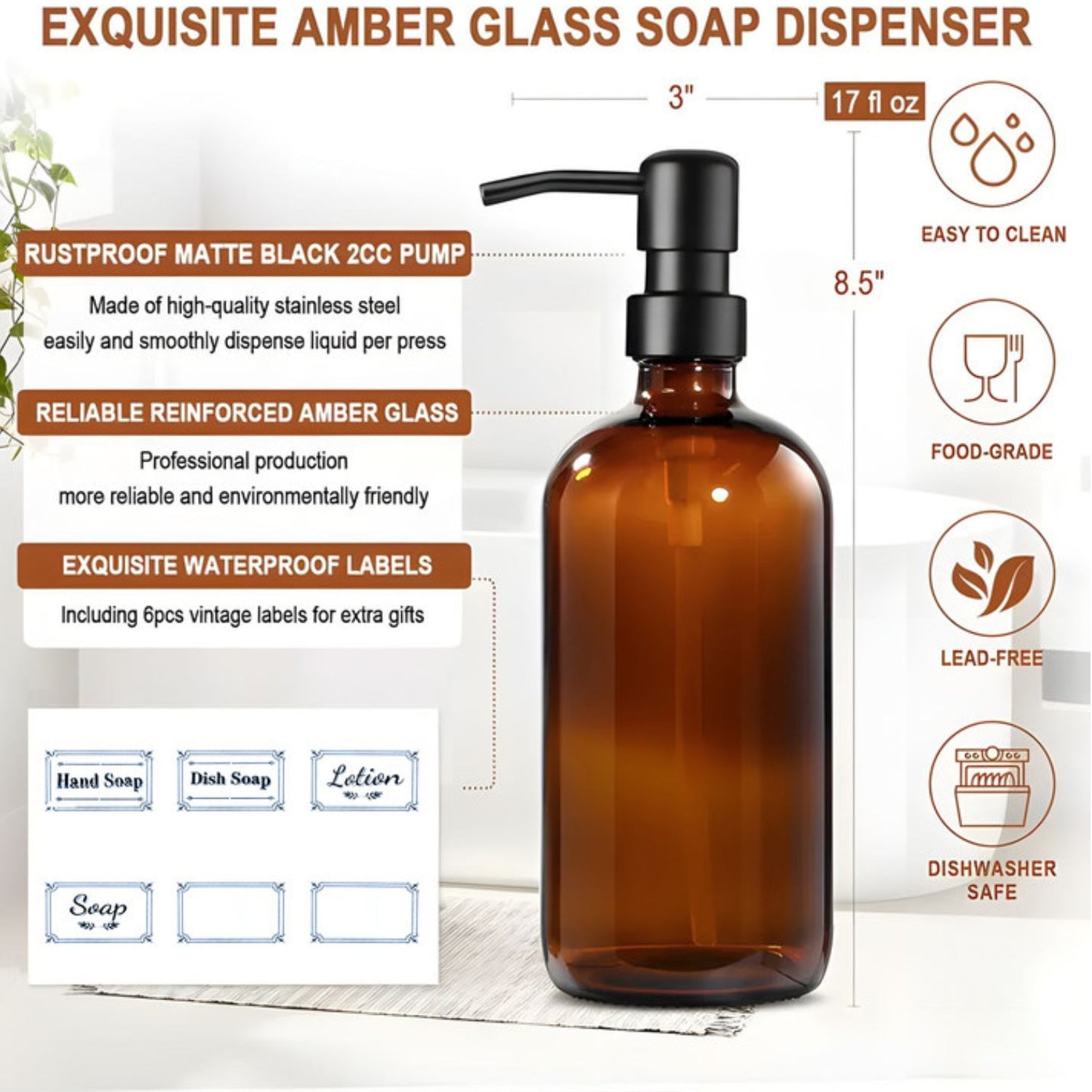 Behome 2 Pack Glass Soap Dispenser with Labels, 17 Oz Amber Hand Soap Dispensers with Stainless Steel Pump, for Essential Oil, Lotion