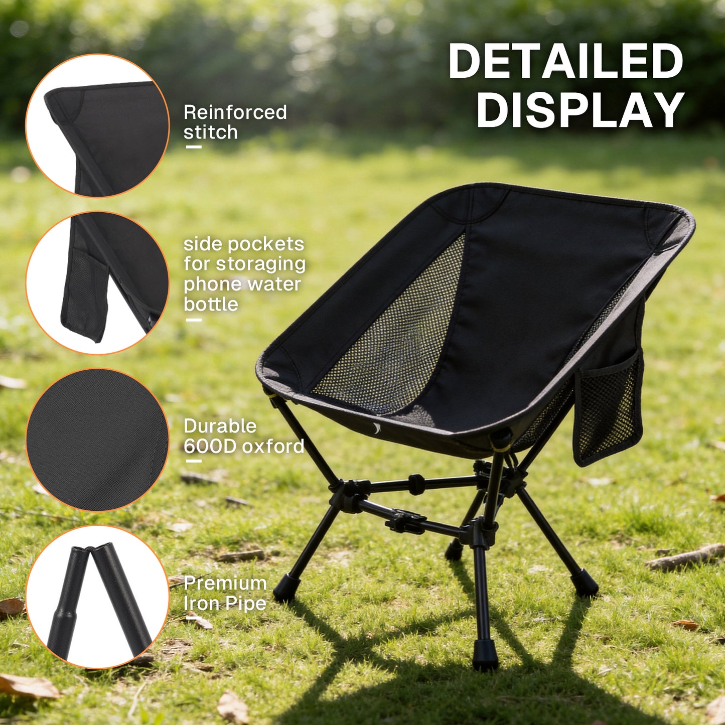 BN-LINK Folding Camping Chair, Portable Backpacking Chair with Carry Bag, Lightweight Hiking Chair for Outdoor Camp, Travel, Beach, Picnic, Black