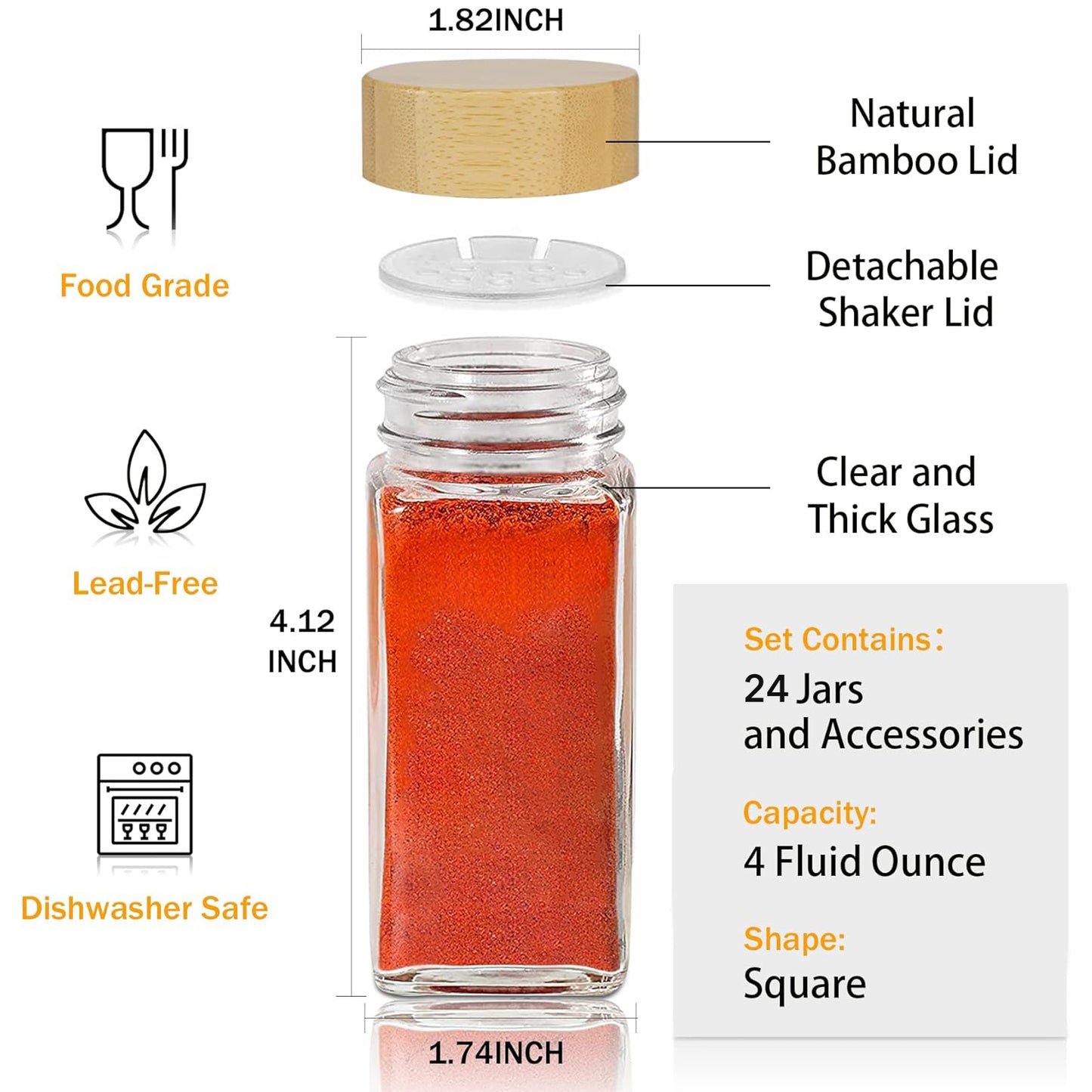 Behome 24 Pcs Glass Spice Jars with Bamboo Lids, 4oz Empty Square Spice Bottles with Shaker Lids, Labels, Funnel, Chalk Pen, Seasoning Bottles for Spice Rack, Drawer, Cabinet