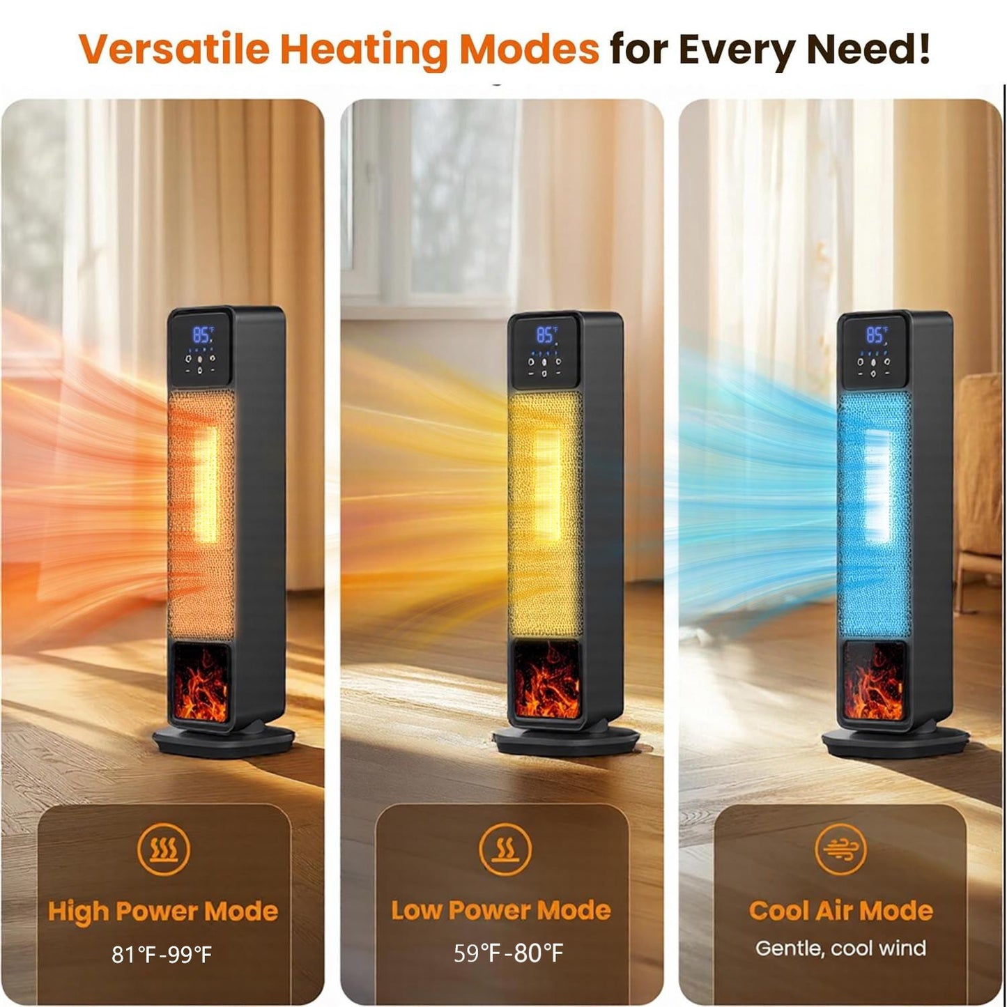 Behome Space Heater Indoor, 24’’ Electric Heaters with Remote & Thermostat, 3 Modes & 70°Oscillation & 12H Timer, Portable Room Tower Space Heater for Office, Bedroom, Large Room