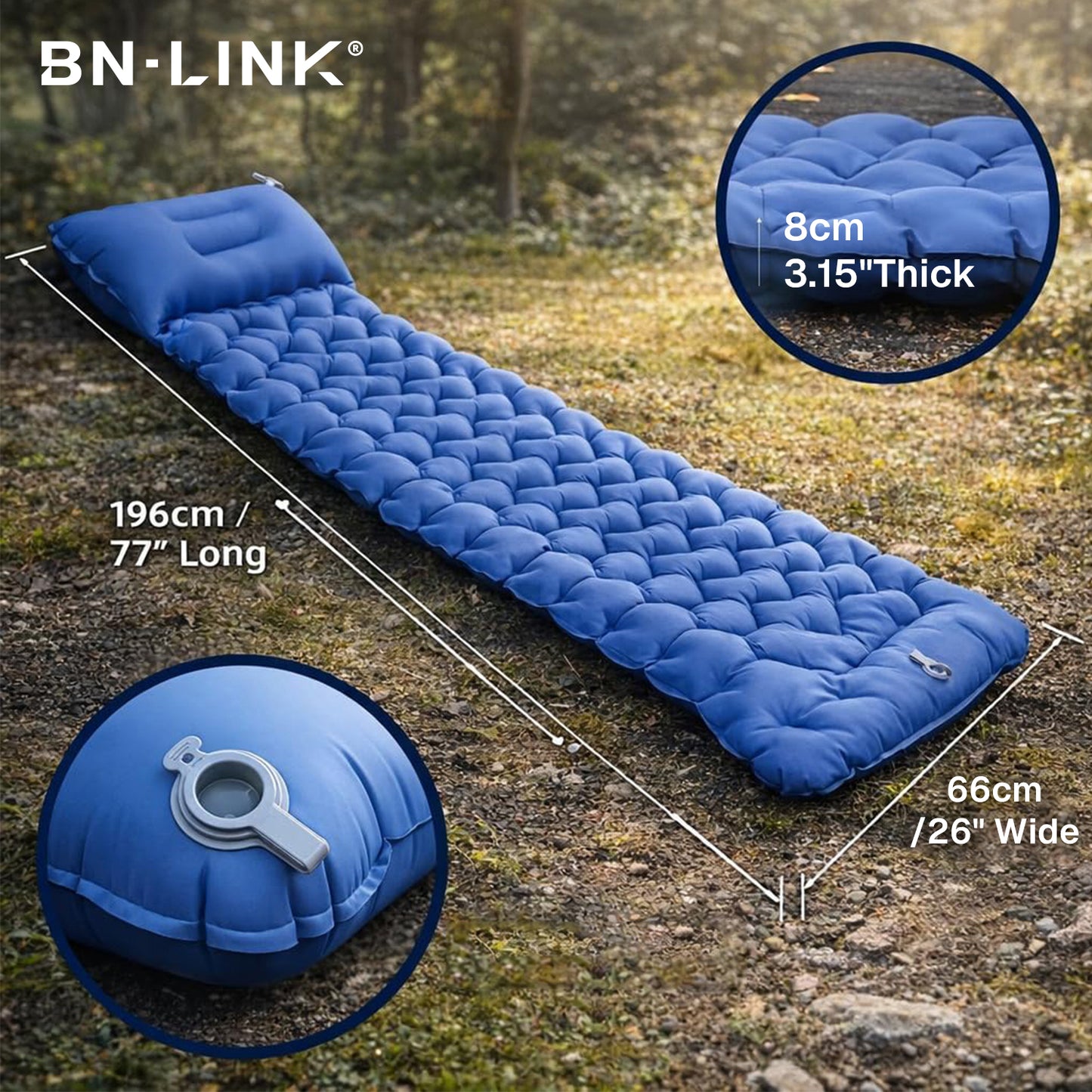 BN-LINK Camping Sleeping Pad, Inflatable Camping Mattress with Built-in Foot Pump & Pillow, Compact Sleeping Pad for Camping, Tent, Backpacking, Hiking,Blue