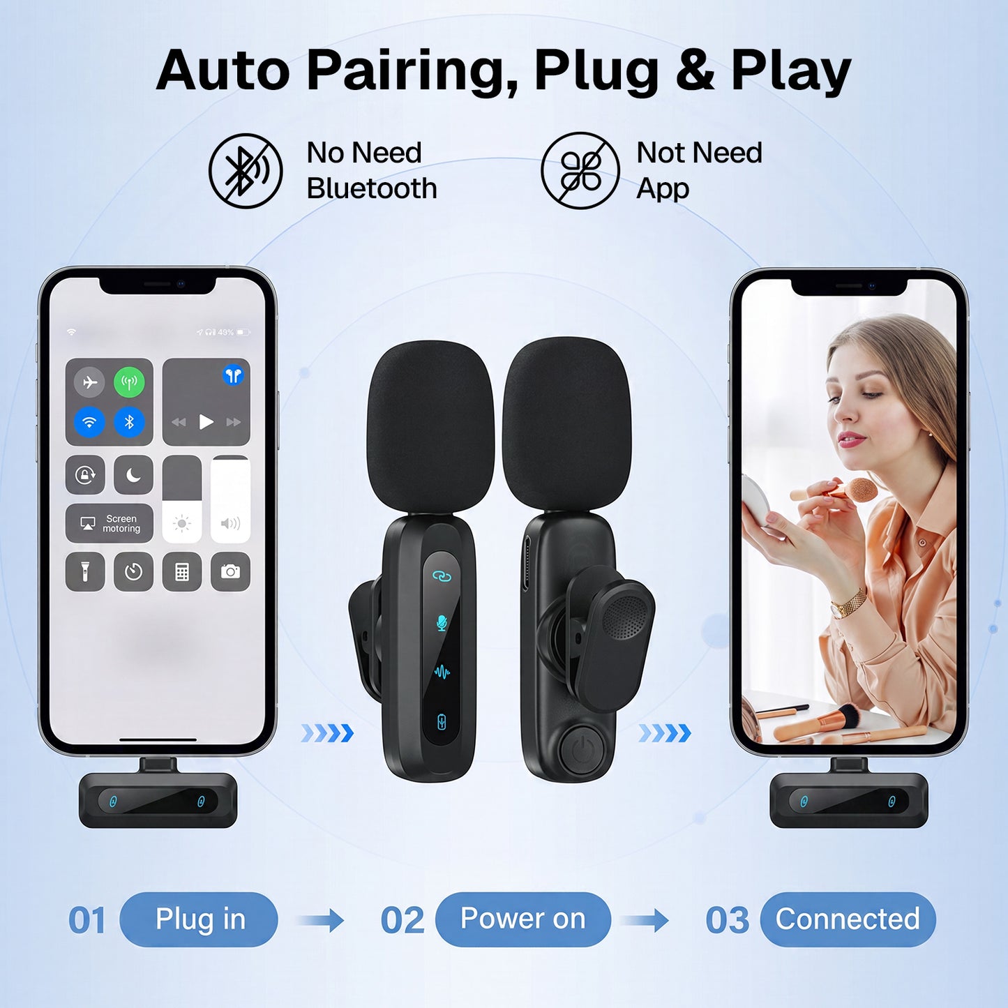 Behome Wireless Lavalier Microphone for iPhone/Android, Mini Microphone with Rotatable Clip & Denoise Recording, for TikTok, YouTube & Interviews