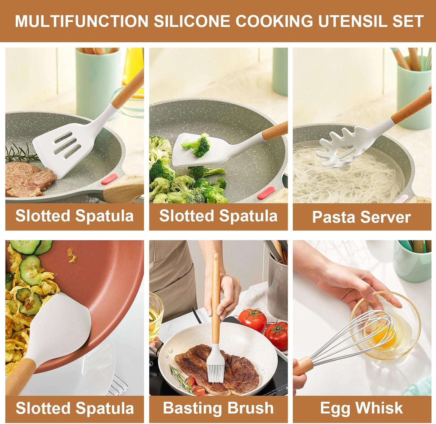 Behome Cooking Utensils Set, 12 packs Non-Stick Silicone Cooking Kitchen Utensils Spatula Set with Wooden Handles and Holder, Heat Resistant Food Grade Kitchen Utensils, White