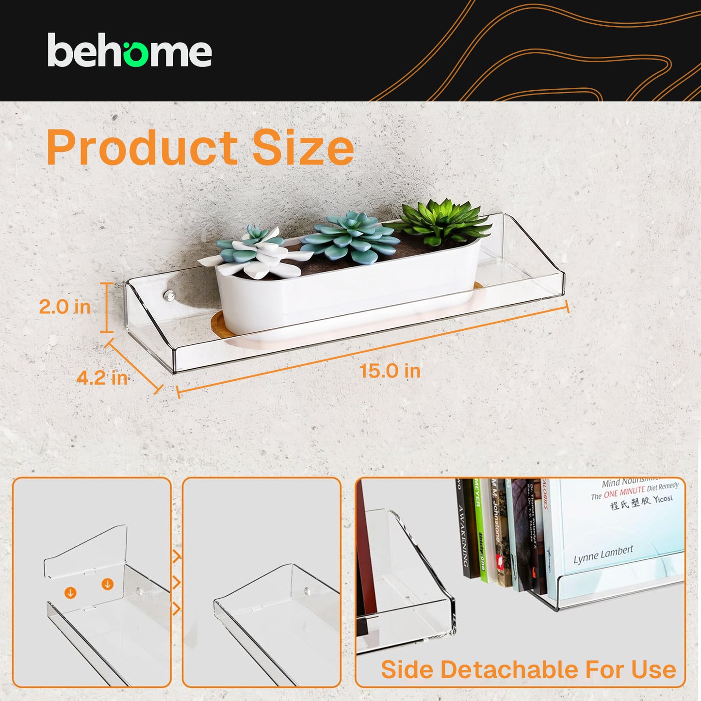 Behome 4 Pack Acrylic Floating Shelves, 15" Wall Mounted Acrylic Shelves, Wall Mounted Storage Shelf for Office, Bedroom & Living Room