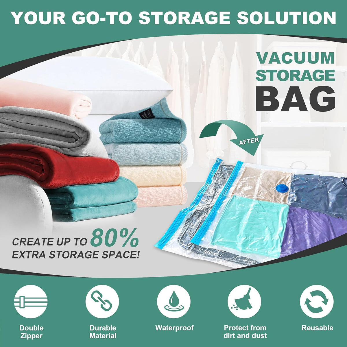 BN-LINK Vacuum Storage Bags with Double-Zip Seal, 20 Pack Combo (4 Jumbo/4 Large/4 Medium/8 Small) Space Saver Bags for Clothes, Mattress, Blanket, Duvets, Pillows, Comforters, Travel