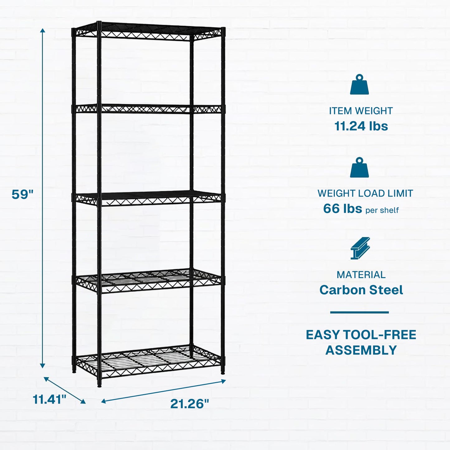 Behome 5-Tier Wire Shelving Unit With 4 Hooks, 21.26"D x 11.4"W x 59"H Adjustable Metal Storage Shelves, Heavy Duty Storage Rack, No-Tool Assembly for Kitchen, Garage, Pantry Closet