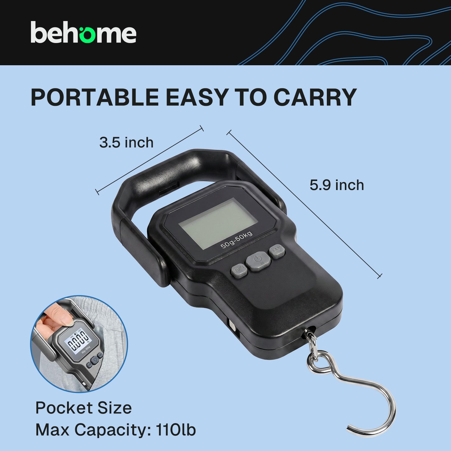 Behome Digital Fish Scale with Measuring Tape, Hanging Luggage Weigh Scale with Backlit LCD Display & Large Handle, Travel Scale for Outdoor, Hunting, Fishing, 110 Pounds, Battery Included