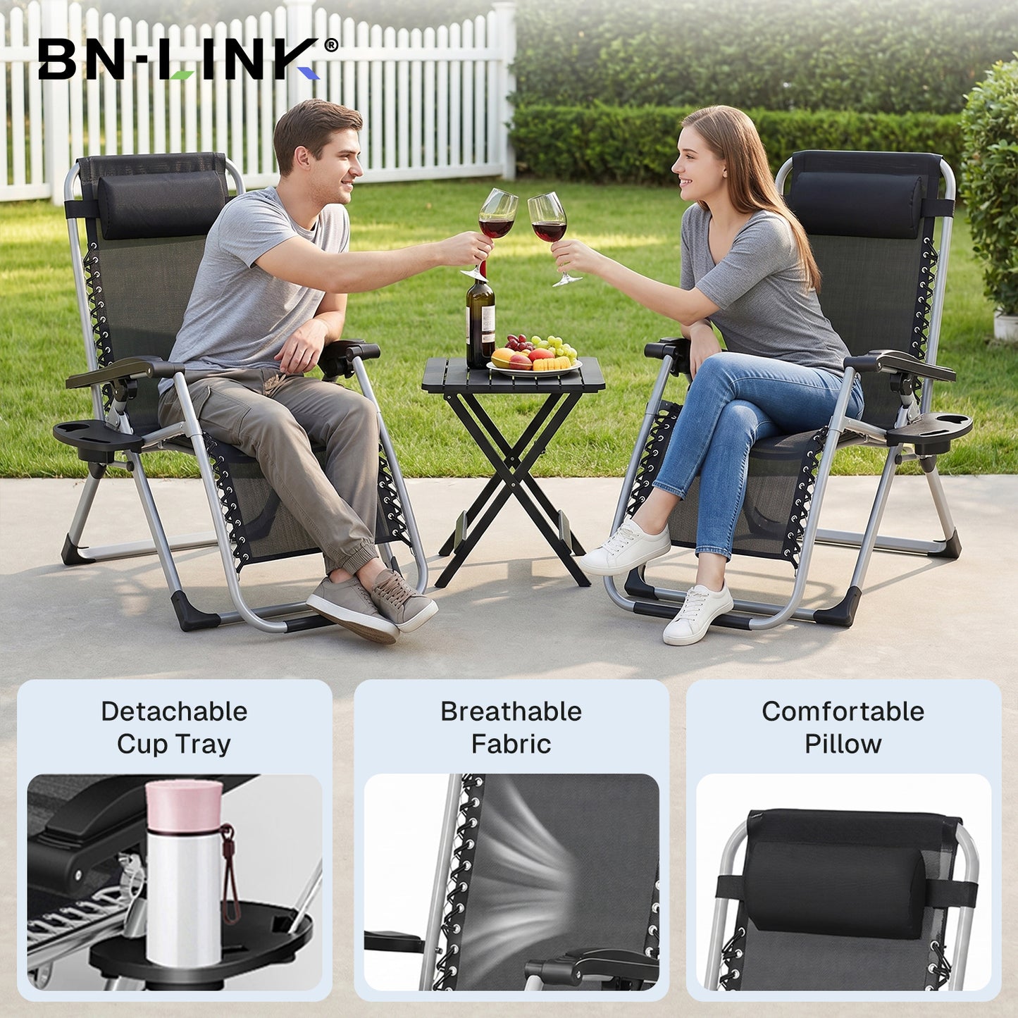 BN-LINK Zero Gravity Lounge Chair, Adjustable Folding Recliner with Pillow and Detachable Cup Holder, Outdoor Lounge Chair Suitable for Backyard, Camping, Beach