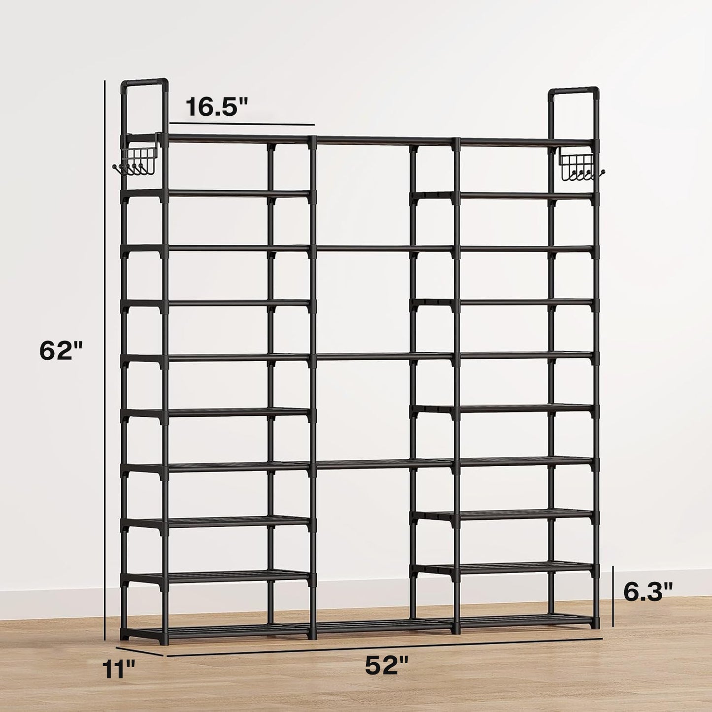 Behome 9-Tier Metal Shoe Rack, Tall Large Shoe Rack Storage Organizer with Hooks, Shoe Shelf for Entryway, Closet, Bedroom, Living Room, Black