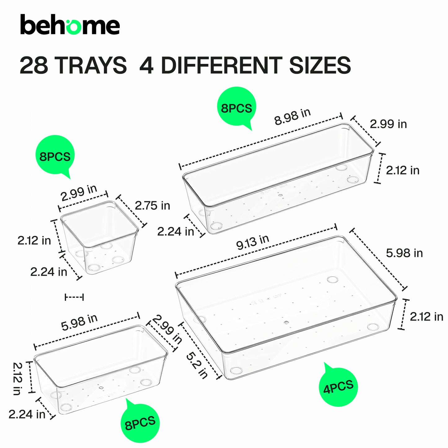 Behome 28 PCS Clear Plastic Drawer Organizers Set, 4-Size Versatile Drawer Organizer Trays, Storage Bins for Bathroom, Office, Makeup, Gadgets