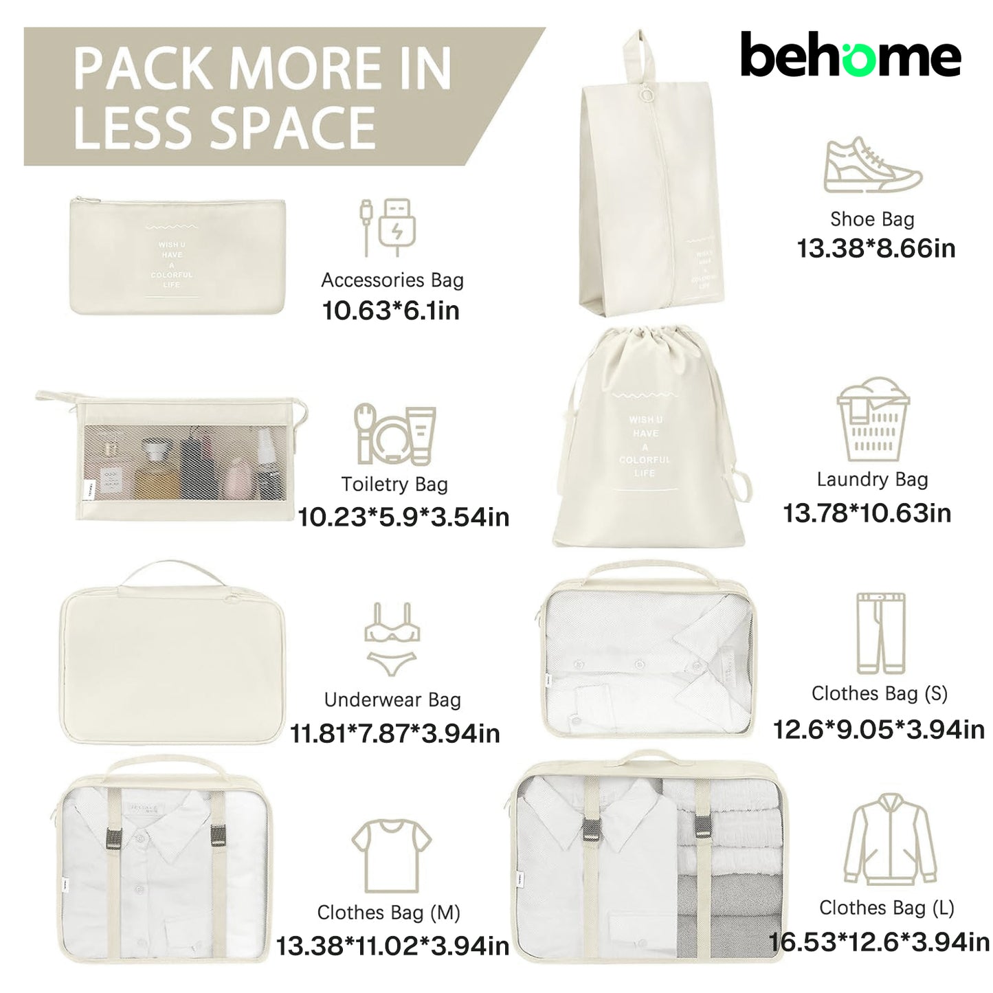 Behome 8 Set Packing Cubes, Suitcase Organizer Bags for Travel Accessories, Luggage Packing Organizers with Shoe/Tioletry/Clothing Bag