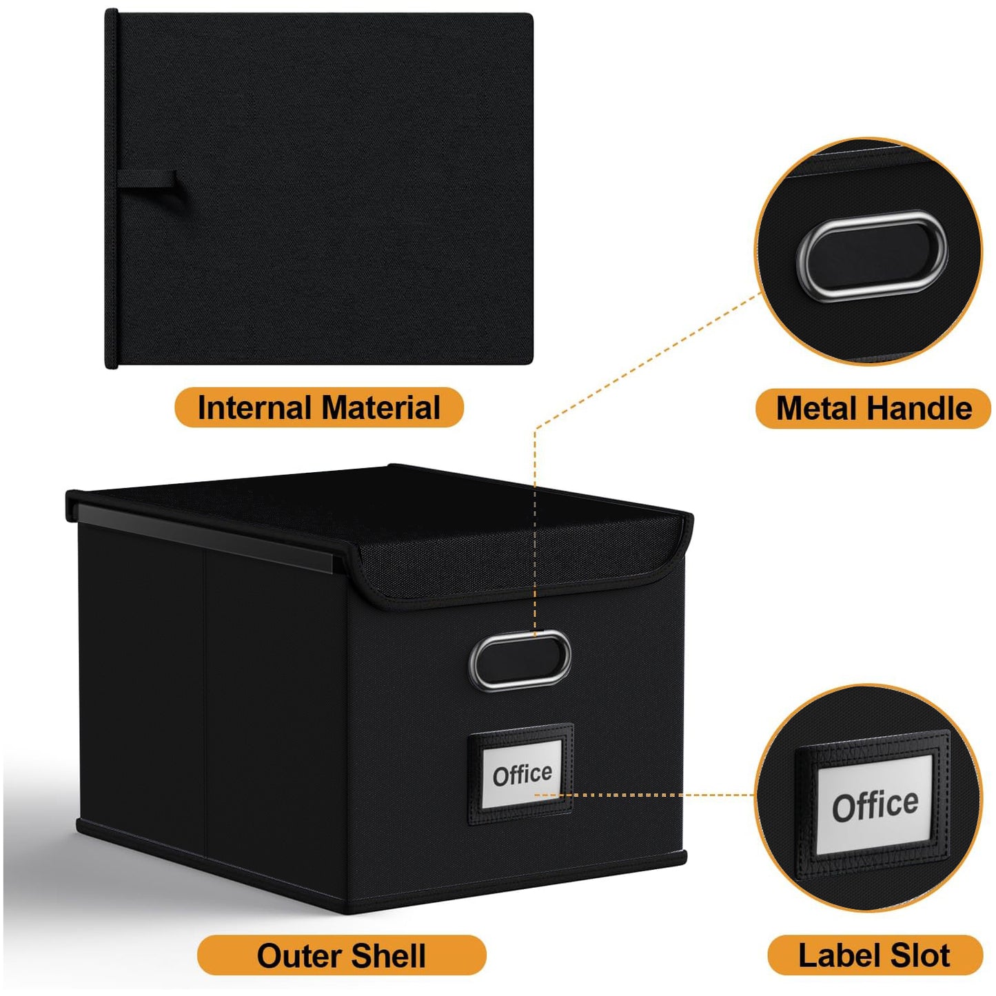 Behome File Box, Foldable File Organiser Box with Lid, Foldable Fabric Hanging Filing Box with Plastic Slide for Home Storage Office Filing, Black