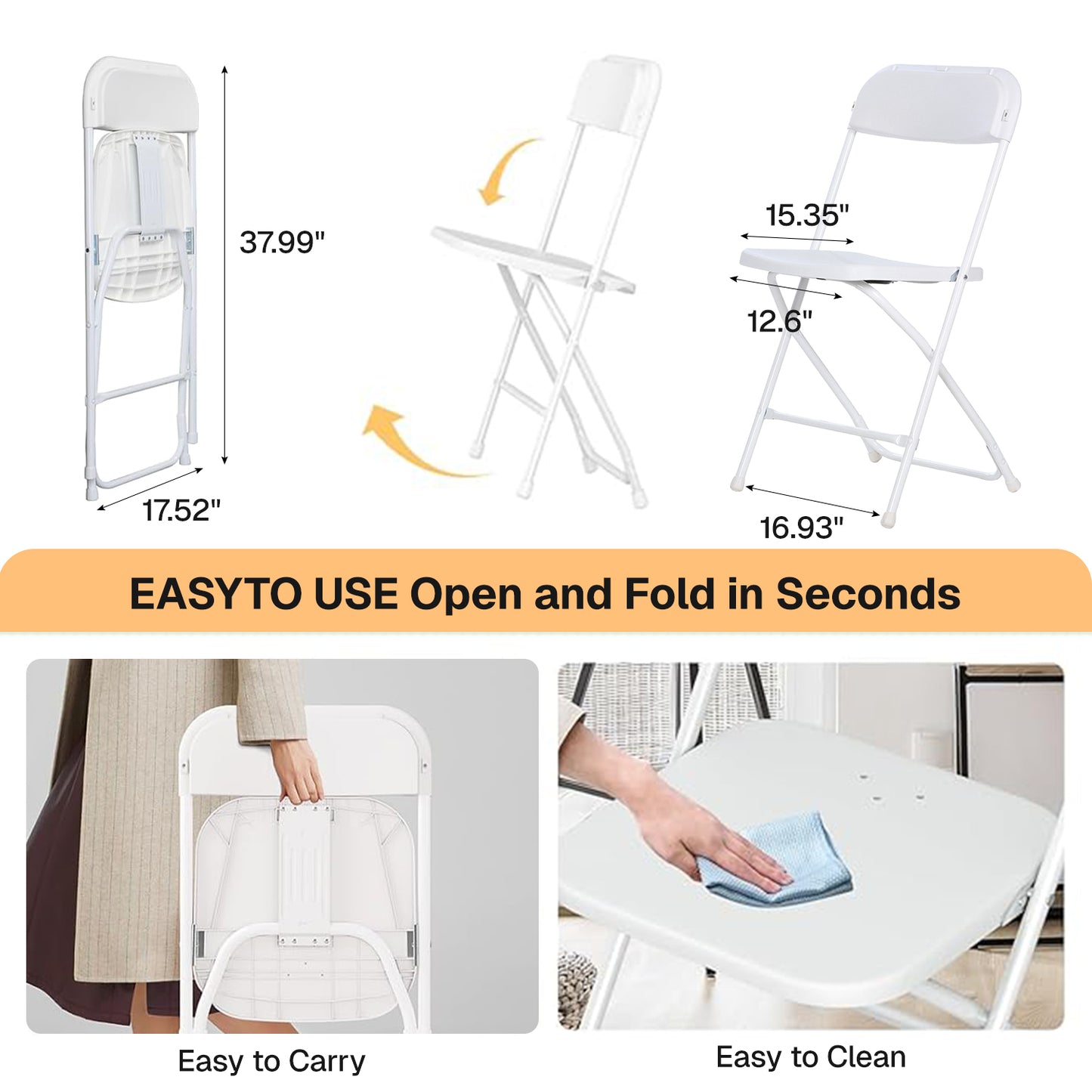 Behome 10 Pack Folding Chairs,Heavy Duty Stackable Event Chairs for for Wedding,Party,Office, 397lb Capacity,White