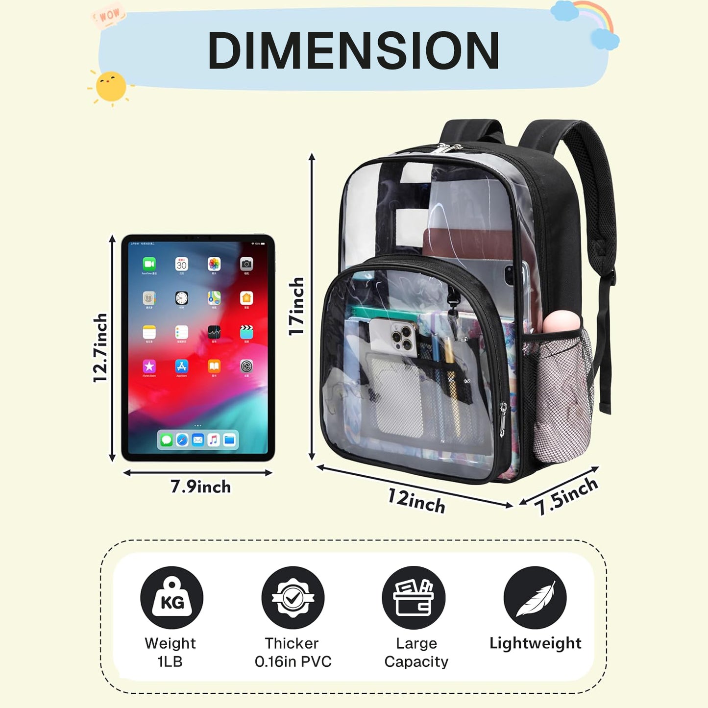 Behome Clear Backpack Heavy Duty PVC, Large Capacity Transparent Backpack with Reinforced Shoulder Straps, Waterproof Clear Bag for Stadium Events, School, Concerts, Festivals