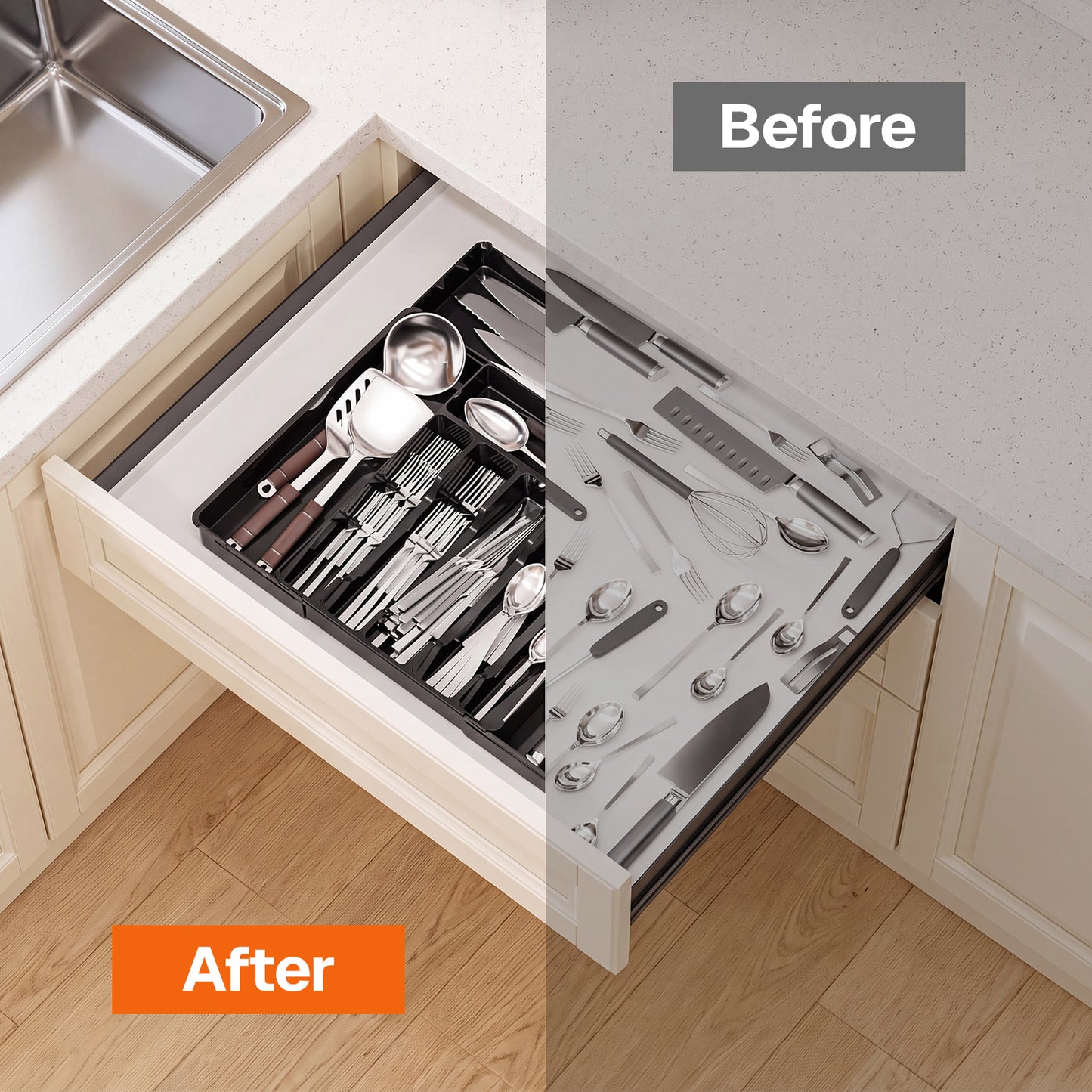 Behome Silverware Organizer, Expandable Silverware Tray for Drawer, Space-Saving 9 Storage Compartments Holds Silverware, Multipurpose Kitchen Drawer Organizer for Forks, Knives, Black