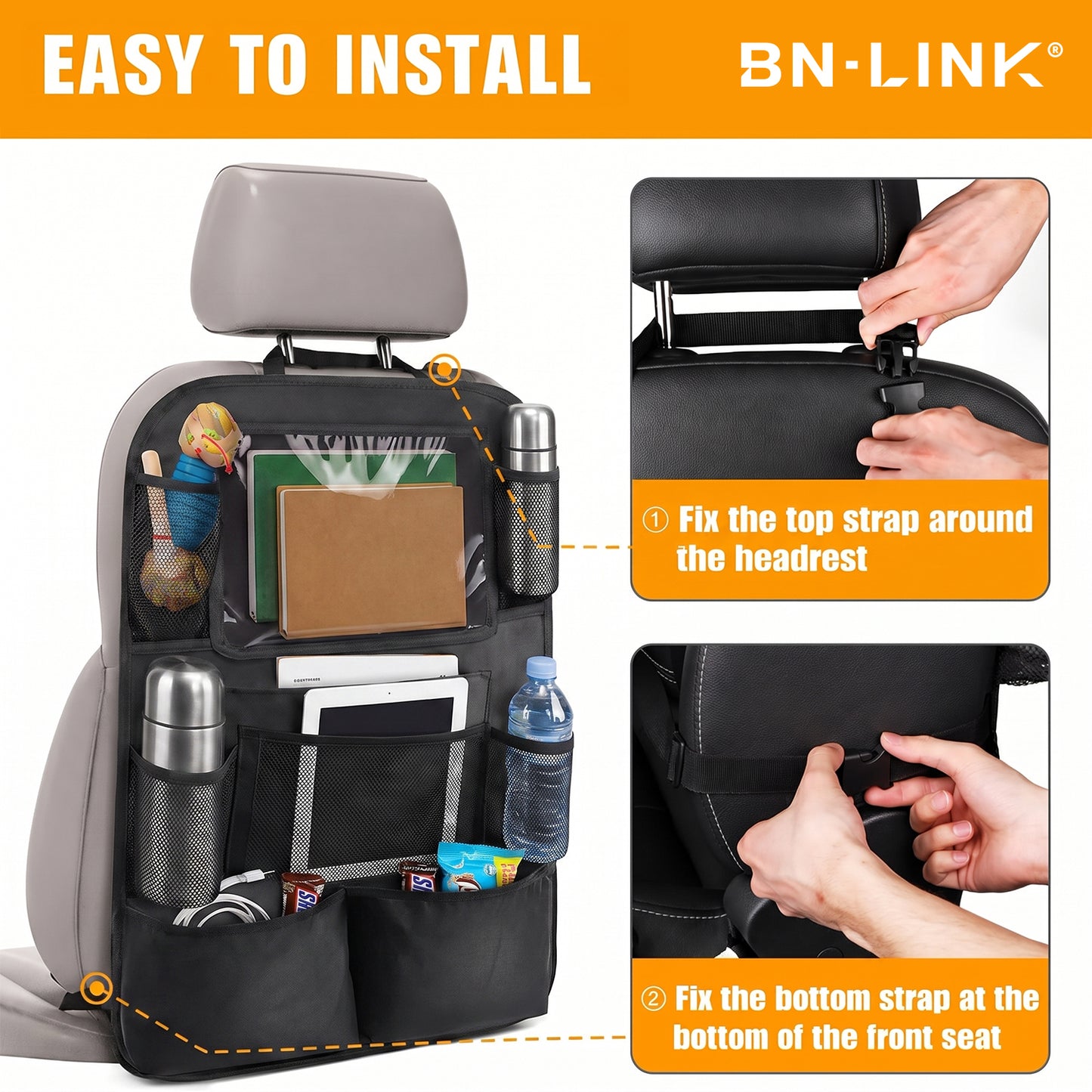BN-LINK 2 Pack Backseat Car Organizer, Kick Mats Back Seat Protector with Touch Screen Tablet Holder & 9 Storage Pockets, Back Seat Organizer for Road Trip & Essentials Travel
