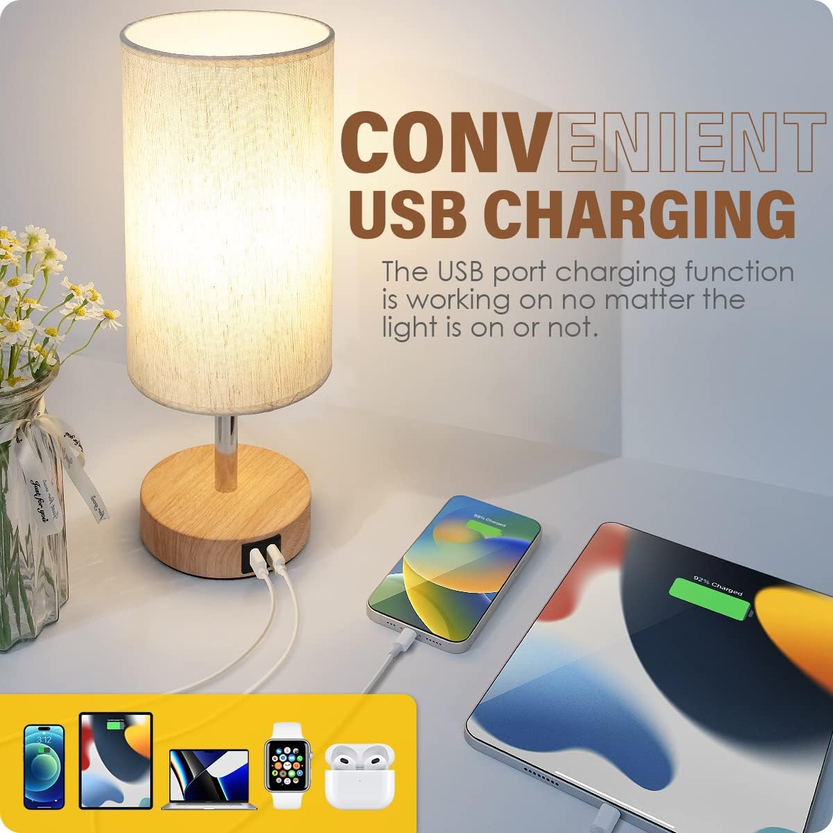Behome Table Lamp, Bedside Small Lamps with 3 Way Dimmable, Lamp for Nightstand, Desk Lamp for Living Room, Dorm, Home Office (LED Bulb Included)