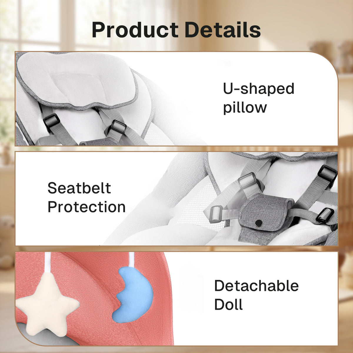 Behome Baby Swing for Infants, Bluetooth Baby Bouncer with 5 Swing Speed, 3-Stage Timer and Remote Control, Baby Swing Chair from Birth with 2 Plush Toys and a Mosquio Net, Grey