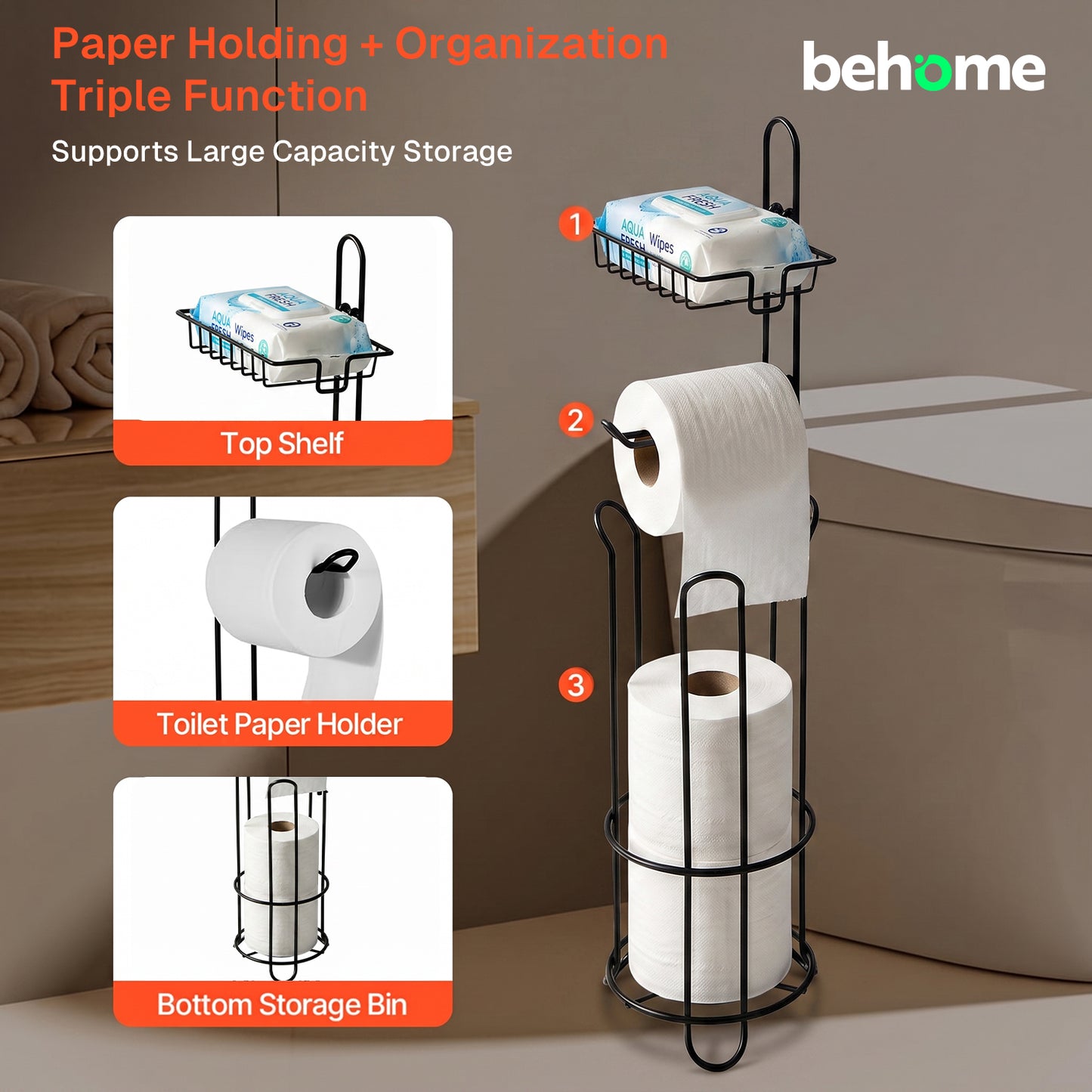 Behome Toilet Paper Holder Stand with Shelf, Freestanding Toilet Paper Holder with Dispenser for 4 Rolls, Heavy-Duty Steel Tissue Roll Storage Rack for Bathroom
