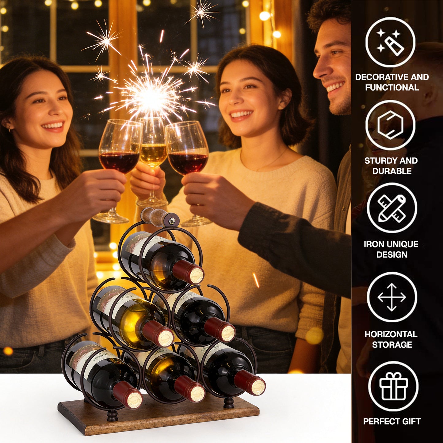 Behome Countertop Wine Rack, 6 Bottles Tabletop Wine Bottle Holder, Wood Handle & Base, for Home Decor, Bar, Wine Cellar, Cabinet, Pantry, etc