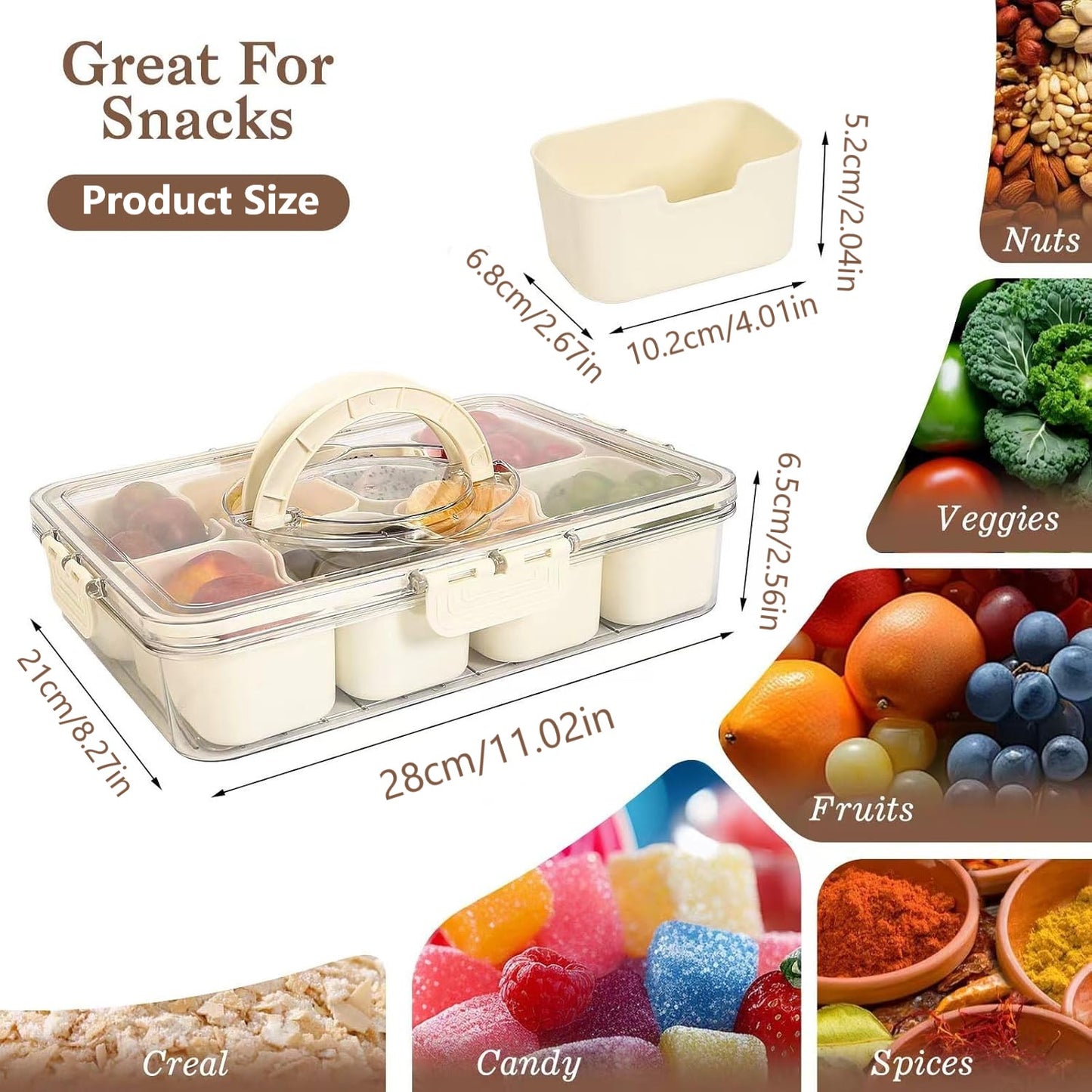 Behome Snackle Box Container, 8 Compartments Divided Serving Tray with Lid and Handle, Portable Food Storage Box, Snack Organizer for Candy, Fruits, Snacks, Nuts