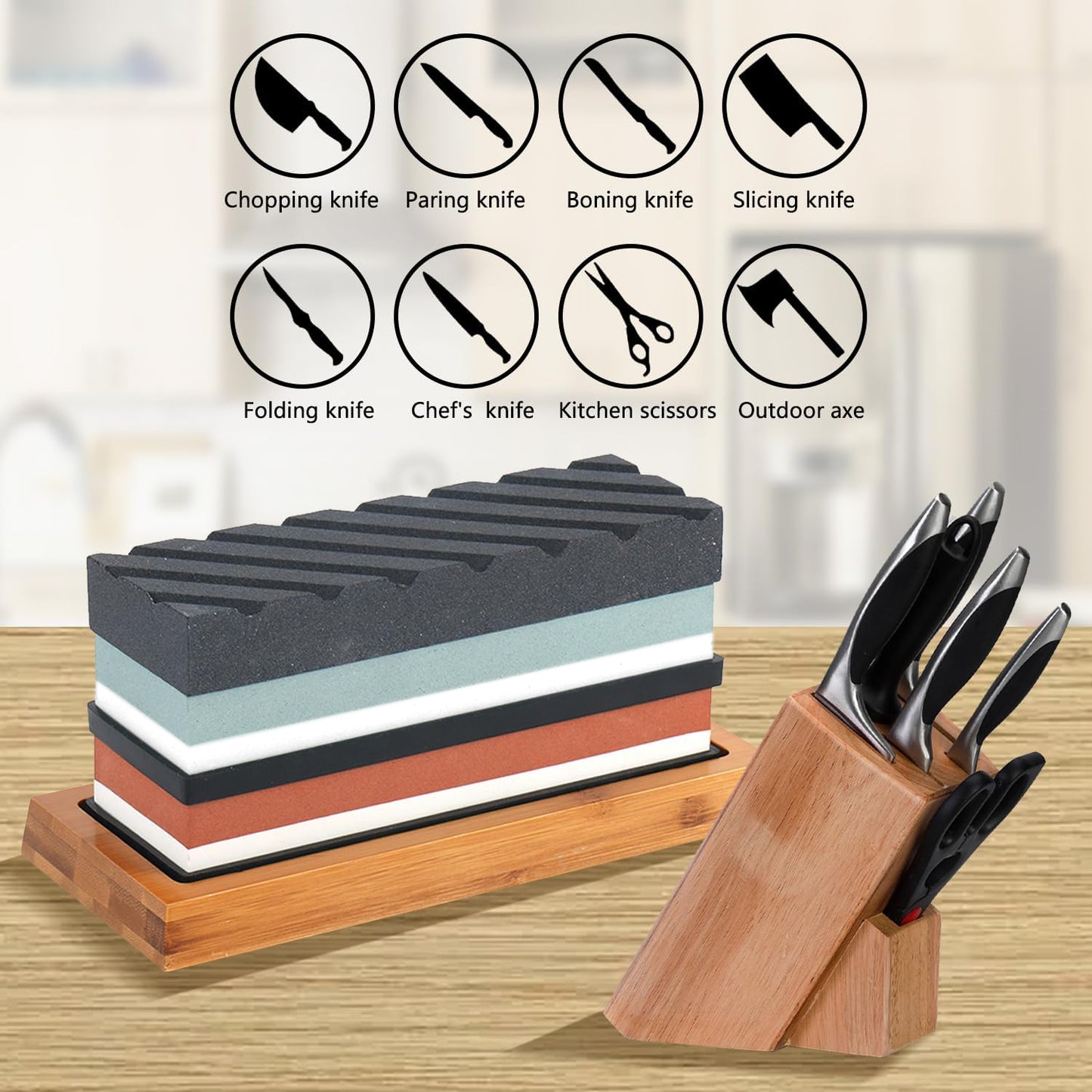 Behome Knife Sharpening Stone Set, Whetstone 4 Side Grit 400/1000 & 3000/8000, Knife Sharpening kit with Bamboo Rubber Base, Angle Guide, Flattening, Honing Guide, Leather Strop