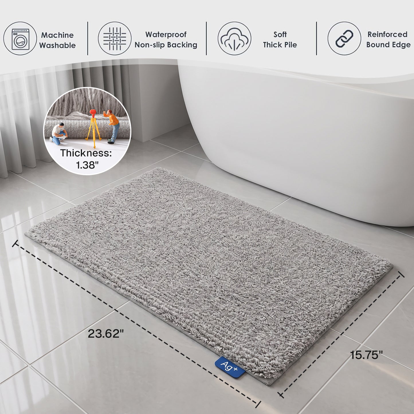 Behome Non-Slip Thick Bathroom Rugs, 16"x 24" Extra Soft and Absorbent Shaggy Bath Mat, Washable Bath Rugs for Bathroom Floor, Tub and Shower