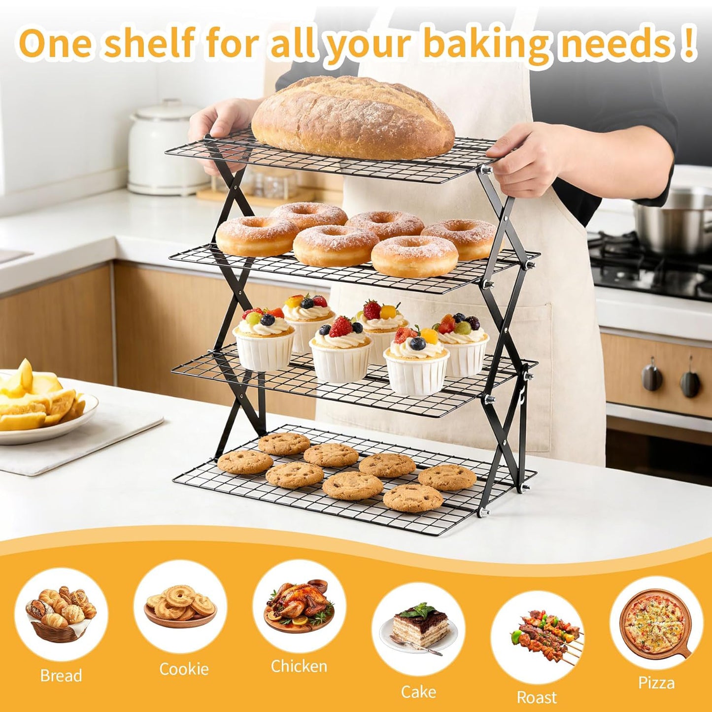Behome 4-Tier Collapsible Cooling Rack, 3 Setting Design Stackable Baking Rack, Dishwasher Safe Cooling Racks for Cooking, Baking, Roasting & Grilling