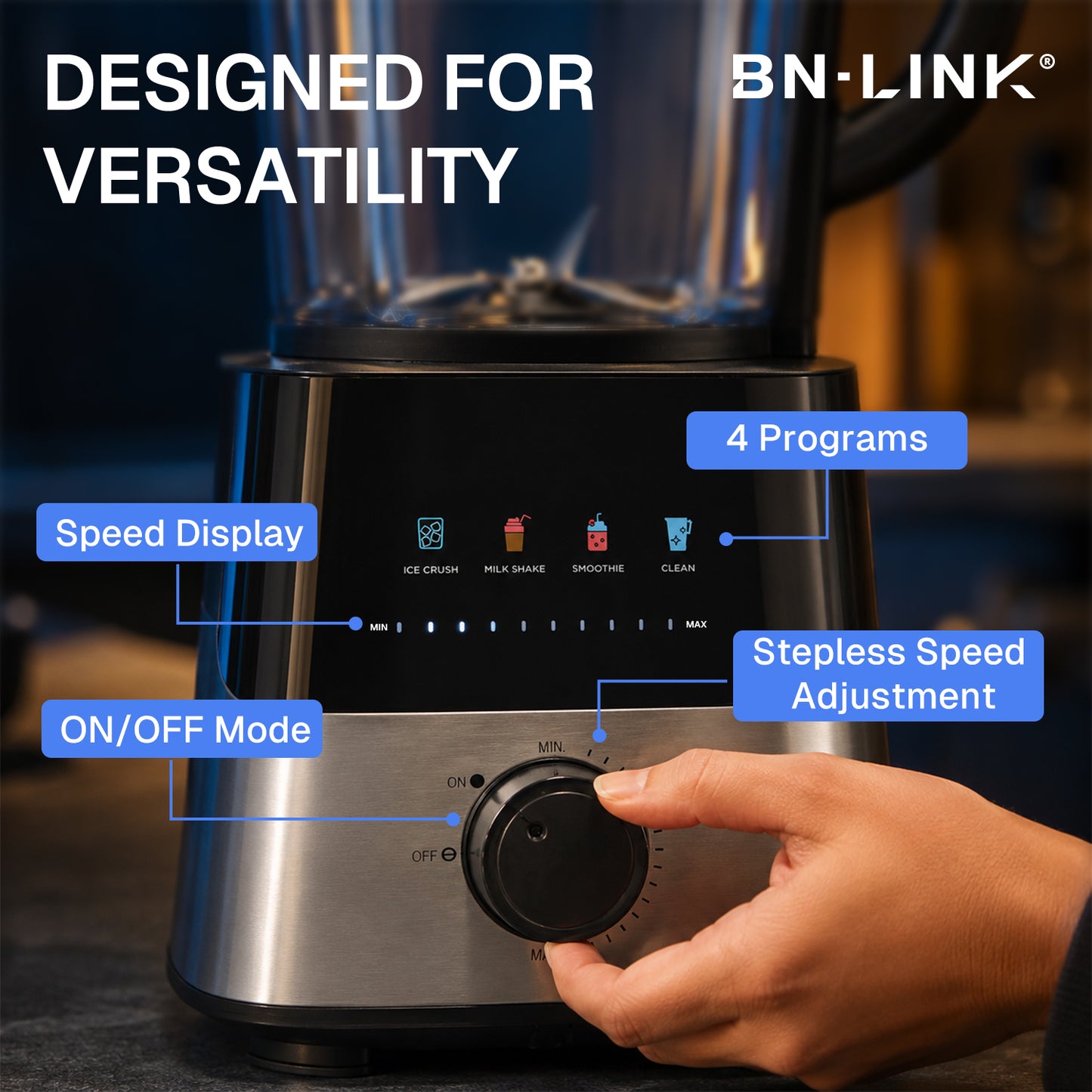 Behome Blender with Grinder, Stepless Speed & 4 Functions, 1200W Blender for Smoothies with 50 Oz Glass Jar, Self-Cleaning Blenders for Kitchen, Black