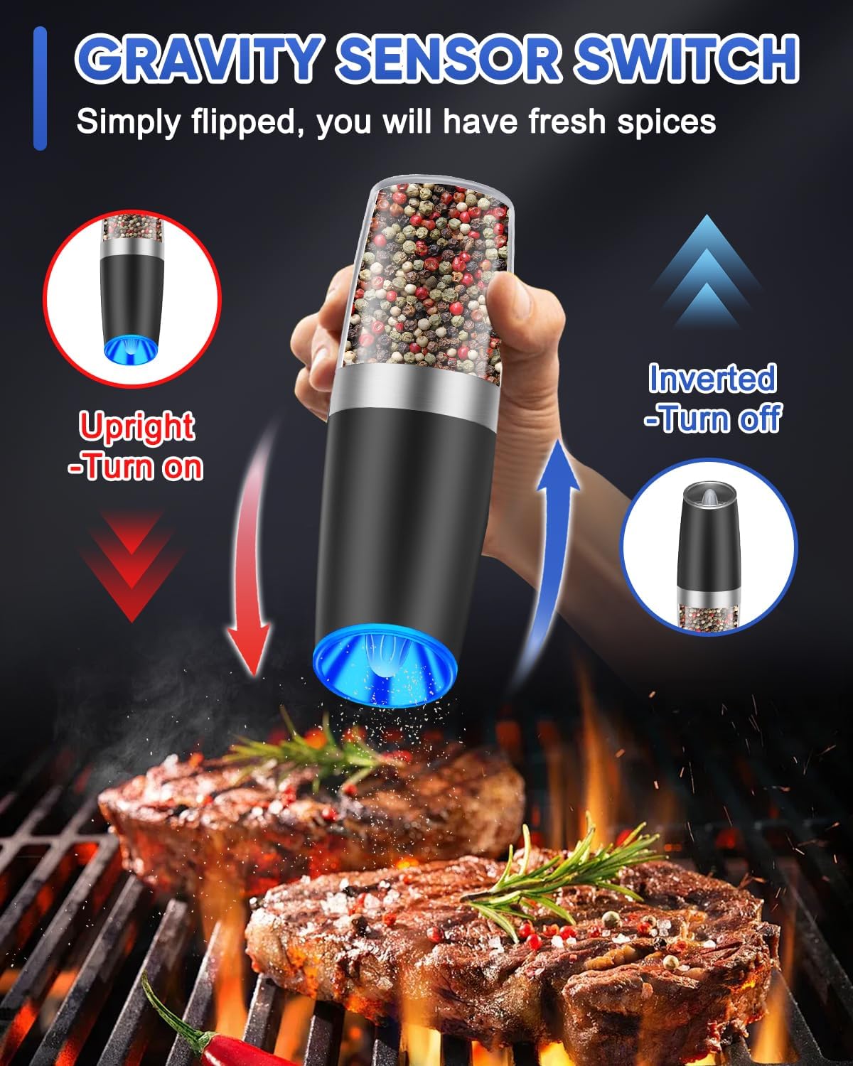 BN-LINK Gravity Electric Pepper and Salt Grinder Set, 2pack Battery Operated Automatic Pepper Mill Grinder with LED Light, Adjustable Coarseness, One Hand Automatic Operation, for Home Kitchen BBQ