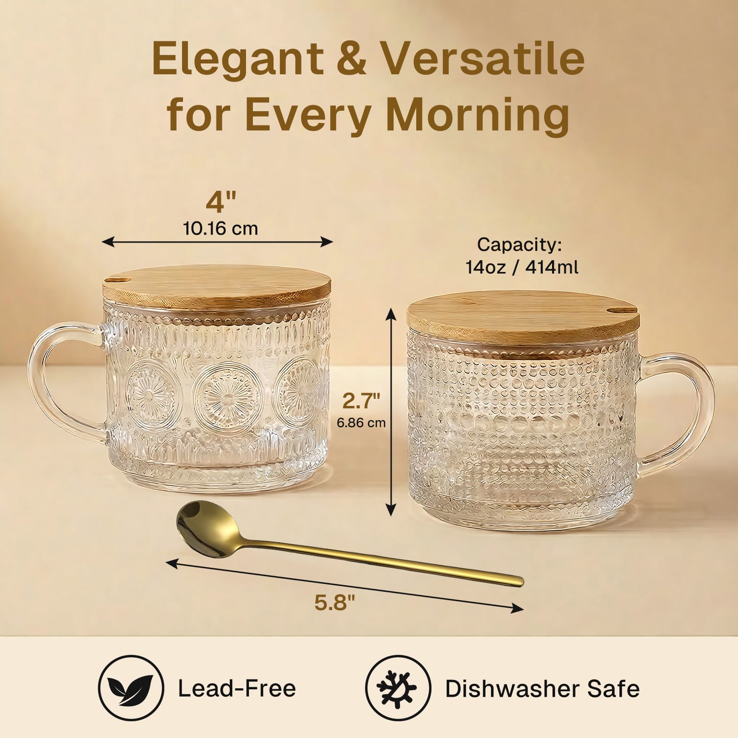 Behome 4pcs Set Glass Coffee Mugs, 14 Oz Coffee Cups with Bamboo Lids and Spoons, Clear Embossed Vintage Glass Cups for Cappuccino, Latte, Cereal, Yogurt