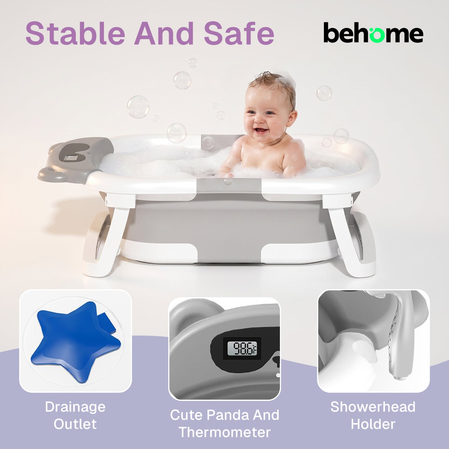 Behome Collapsible Baby Bathtub, Baby Tub with Soft Cushion, Drain Hole& Thermometer, Stable Newborn Bathtub for Infant to Toddler