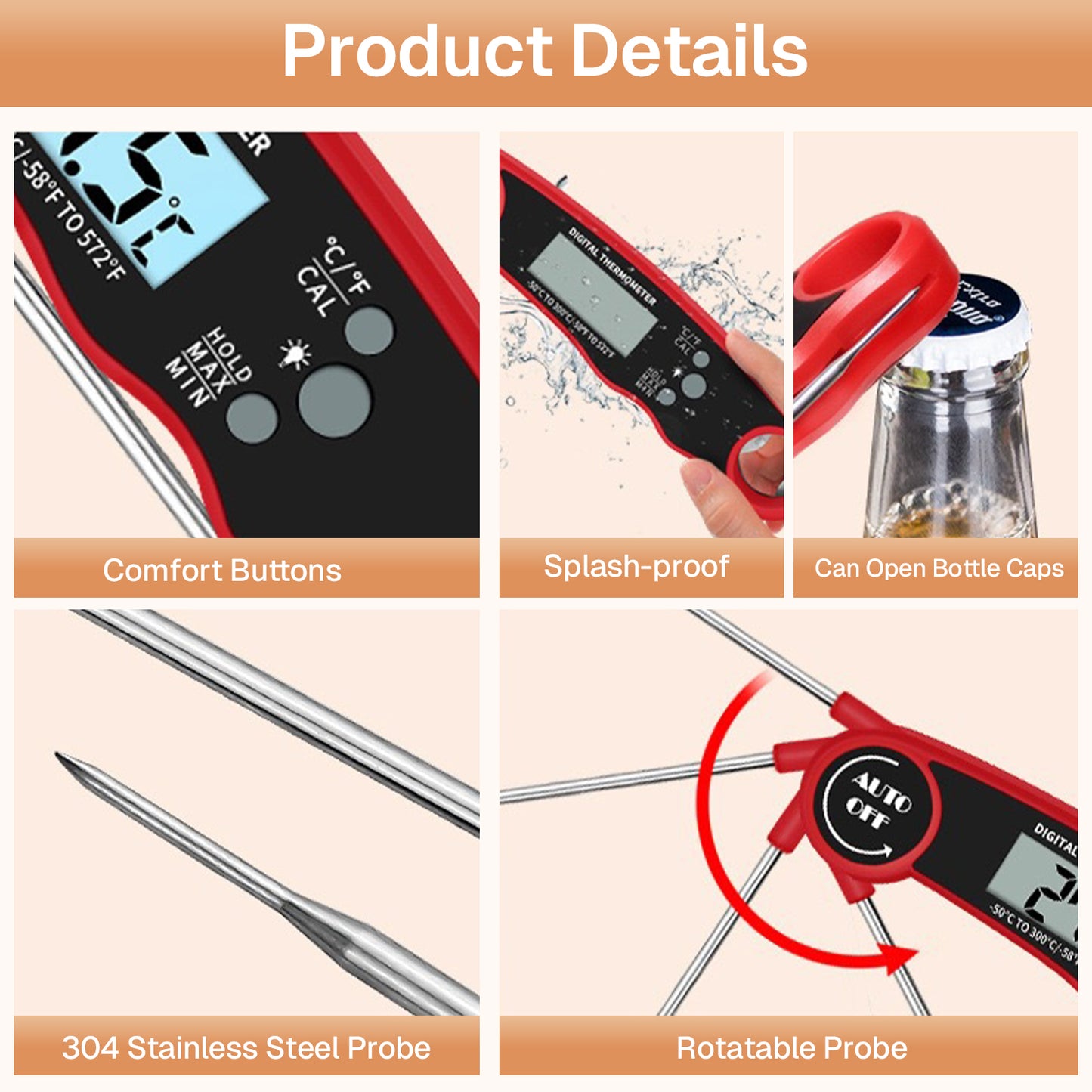 Behome Meat Thermometer, Food Thermometer for Cooking Kitchen Gadgets, Waterproof Digital Instant Read Meat Thermometer for Kitchen and Outside, BBQ, Turkey, Candy, Liquids, Beef