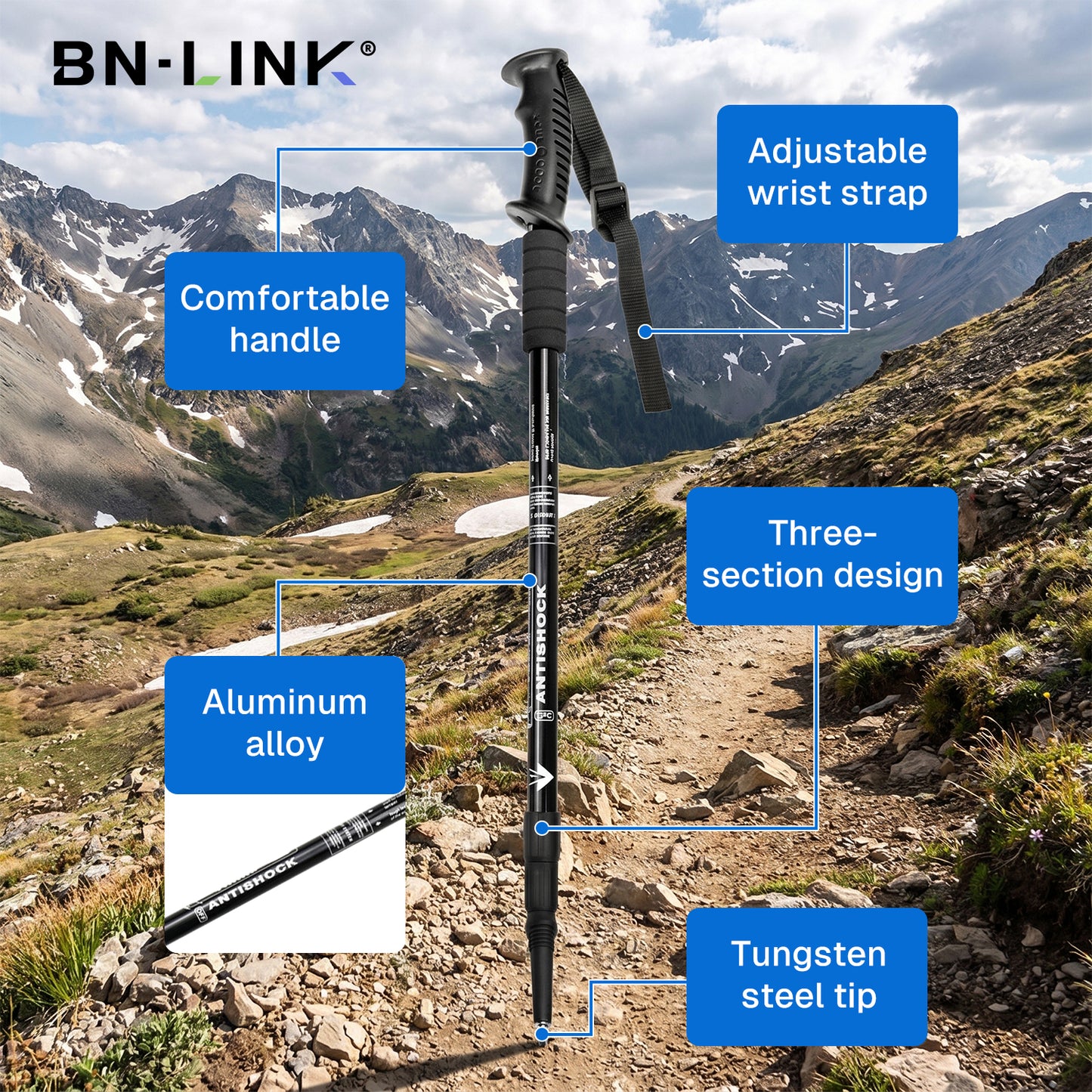 BN-LINK 2 Pcs Trekking Poles, Lightweight Aluminum Hiking Poles with Anti-Shock & Quick Lock System, Adjustable Telescopic Hiking Sticks for Women, Men, Hiking, Camping, Walking