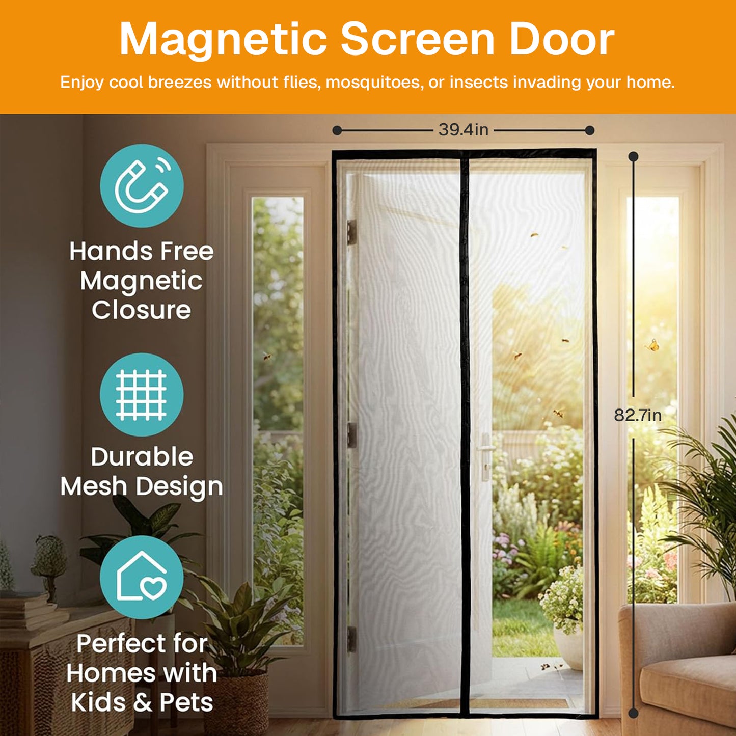 Behome Magnetic Screen Door Fit 39" x 83" , Self Sealing & Hands Free Door Net Screen with Magnet, Heavy Duty Screen Door Mesh for Front/Back Patio Doors, Bugs Out & Breeze In