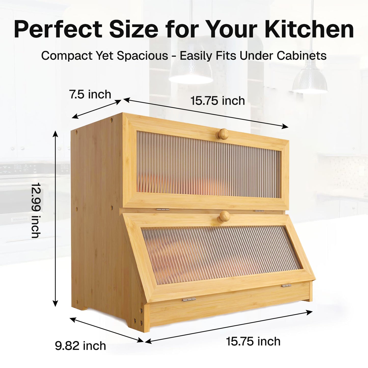 BN-LINK Double Layer Bamboo Bread Box, Large Capacity Bread Storage Bin with Window, Farmhouse Food Organizer for Kitchen Counter, Natural Bamboo