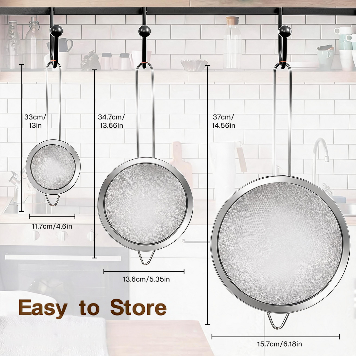 Behome 3 Pack Fine Mesh Strainer with Handle, Stainless Steel Sifters, for Straining, Sifting, Draining Vegetables, Pasta, Tea, Flour, 4.6", 5.3", 6.2"