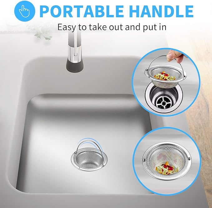 Behome 2 Pack Kitchen Sink Strainer, Stainless Steel Sink Drain Strainer with Handle, Suitable for Most Sink Drains, Anti Clogging, Silver