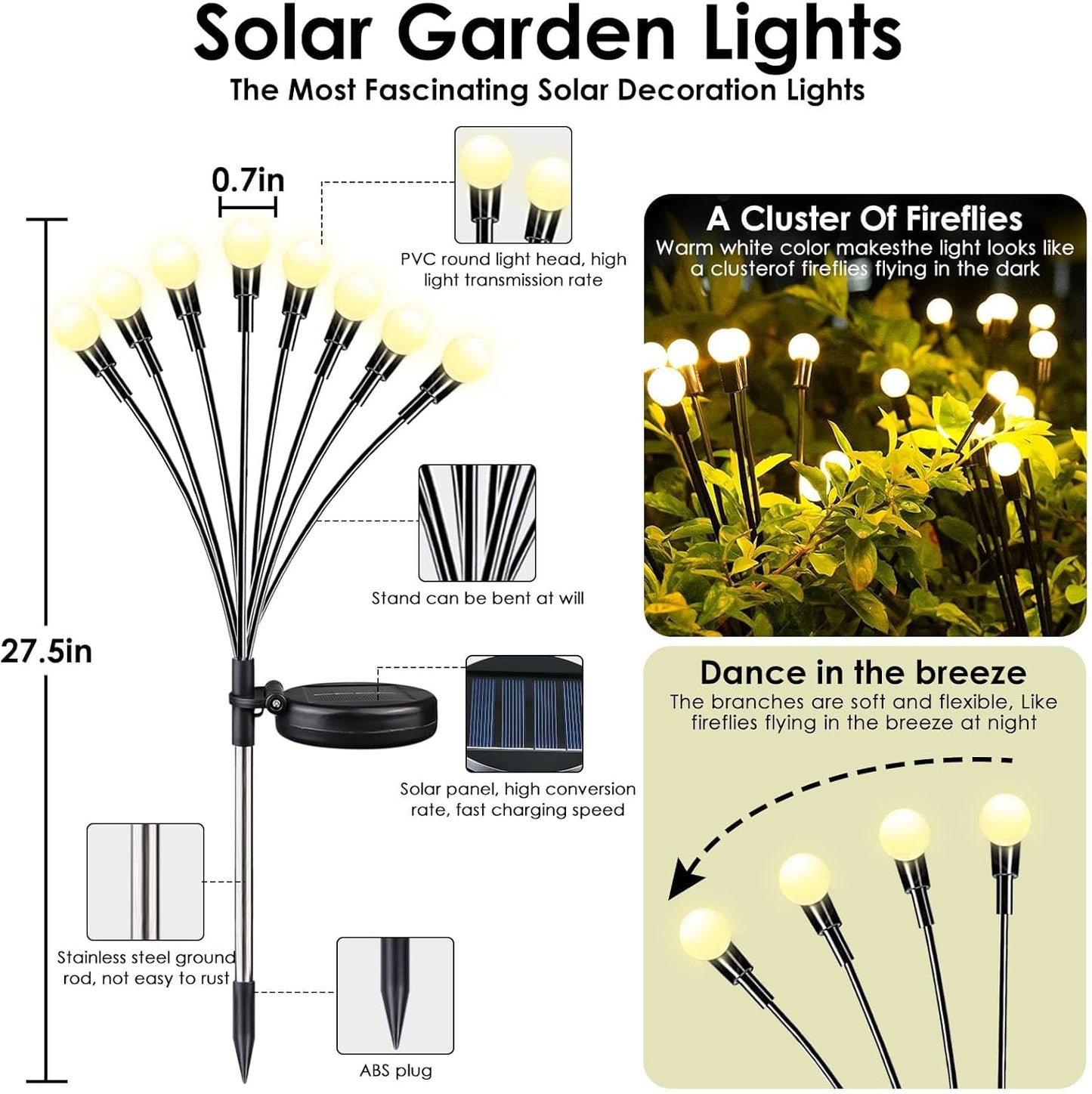 BN-LINK 2 Pack Solar Garden Lights, Auto On/Off 16 LED Solar Swaying Lights Outdoor Waterproof, Firefly Light for Outside Yard Pathway Landscape Decorations (Warm White)