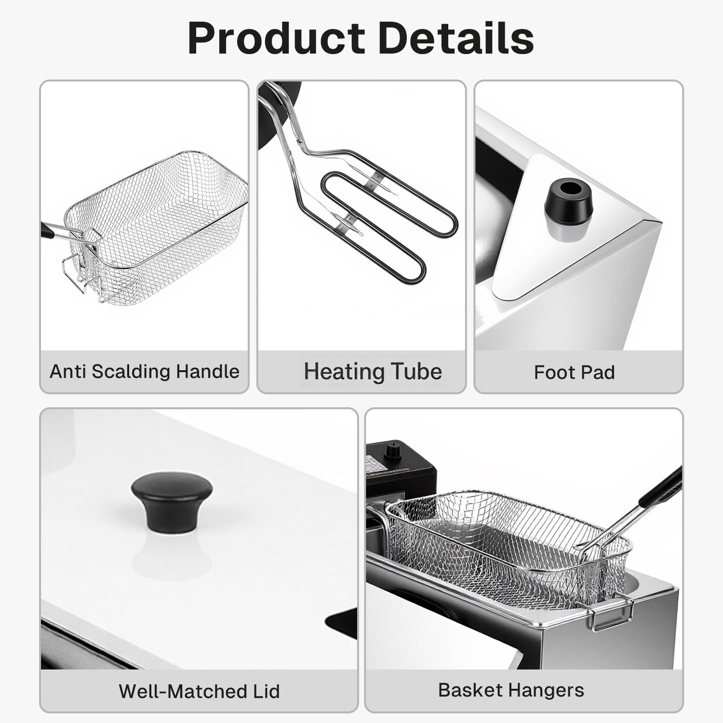 Behome Deep Fryer with Basket, 1400W 4.23QT/4L Thickened Stainless Steel Countertop Electric Oil Fryer, Easy Clean with Adjustable Temperature & Timer, Silver